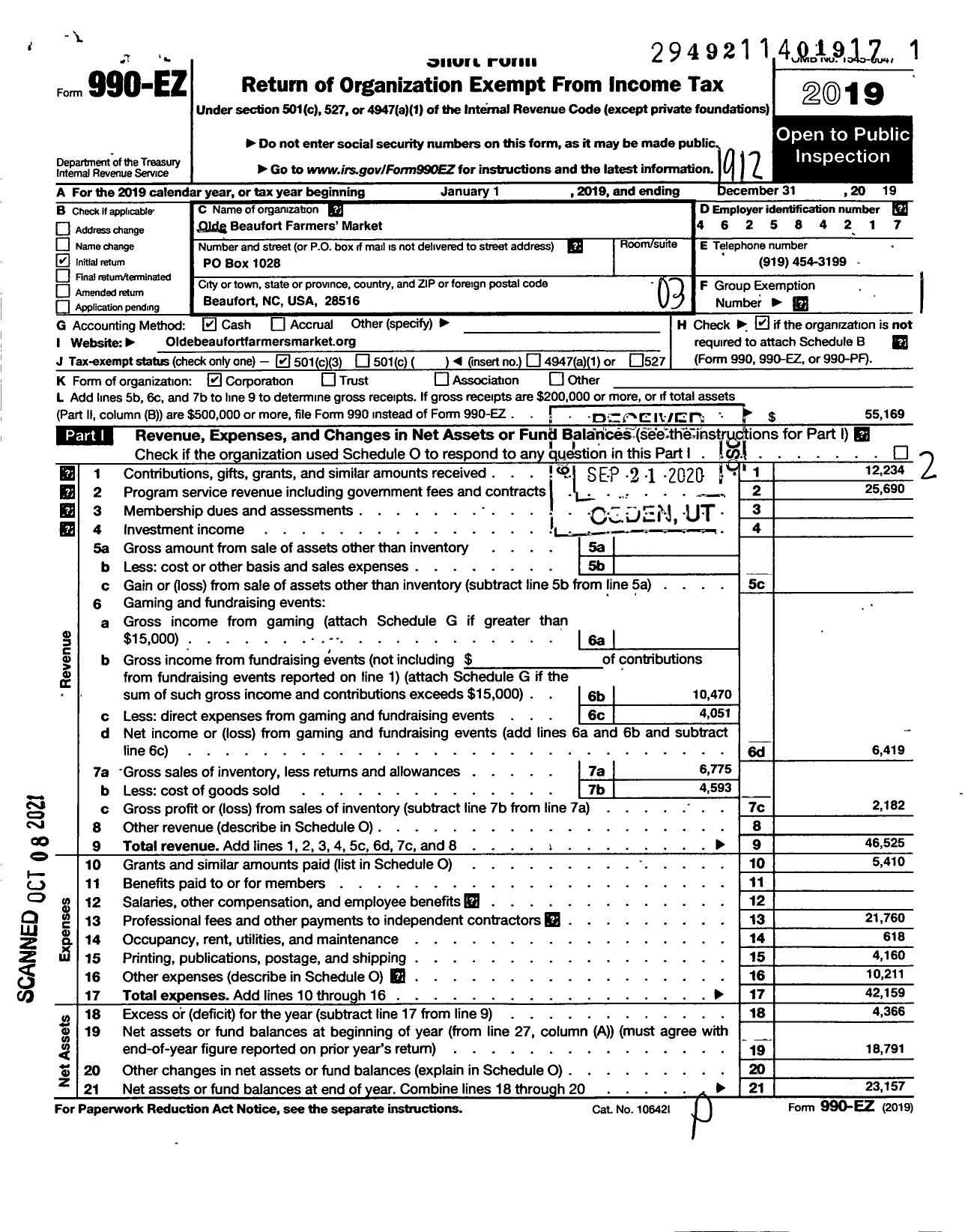 Image of first page of 2019 Form 990EZ for Olde Beaufort Farmers' Market