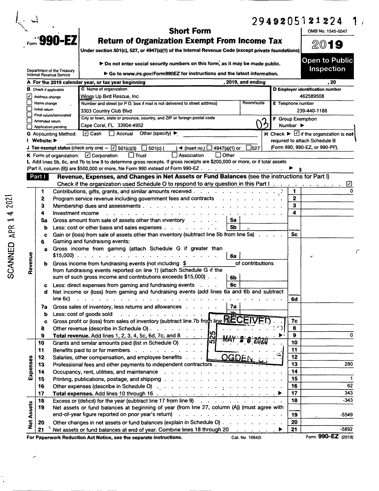 Image of first page of 2019 Form 990EZ for Wings Up Bird Rescue