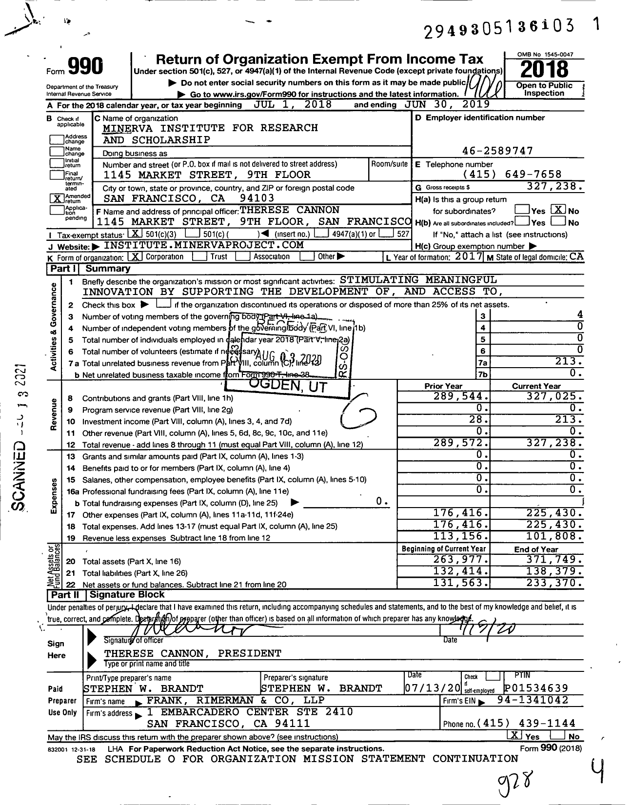Image of first page of 2018 Form 990 for Minerva University
