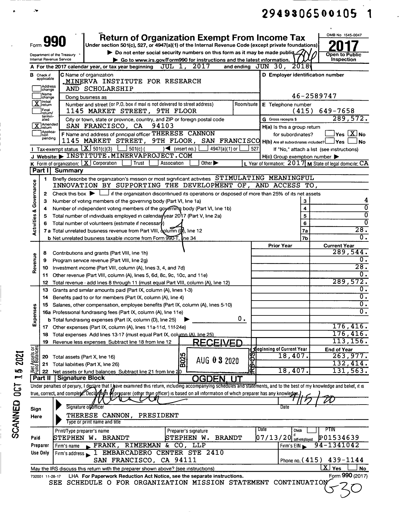 Image of first page of 2017 Form 990 for Minerva University