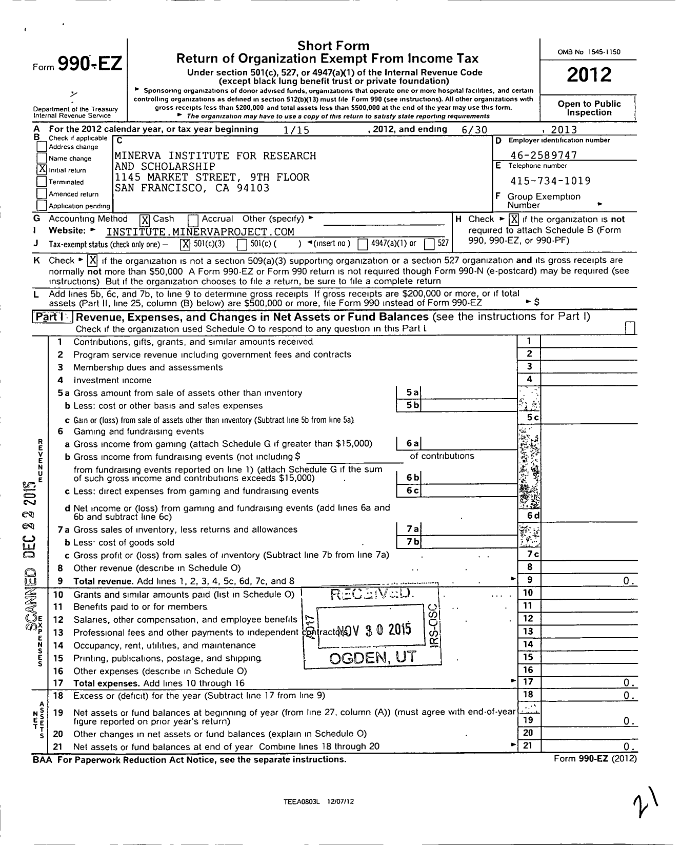 Image of first page of 2012 Form 990EZ for Minerva University