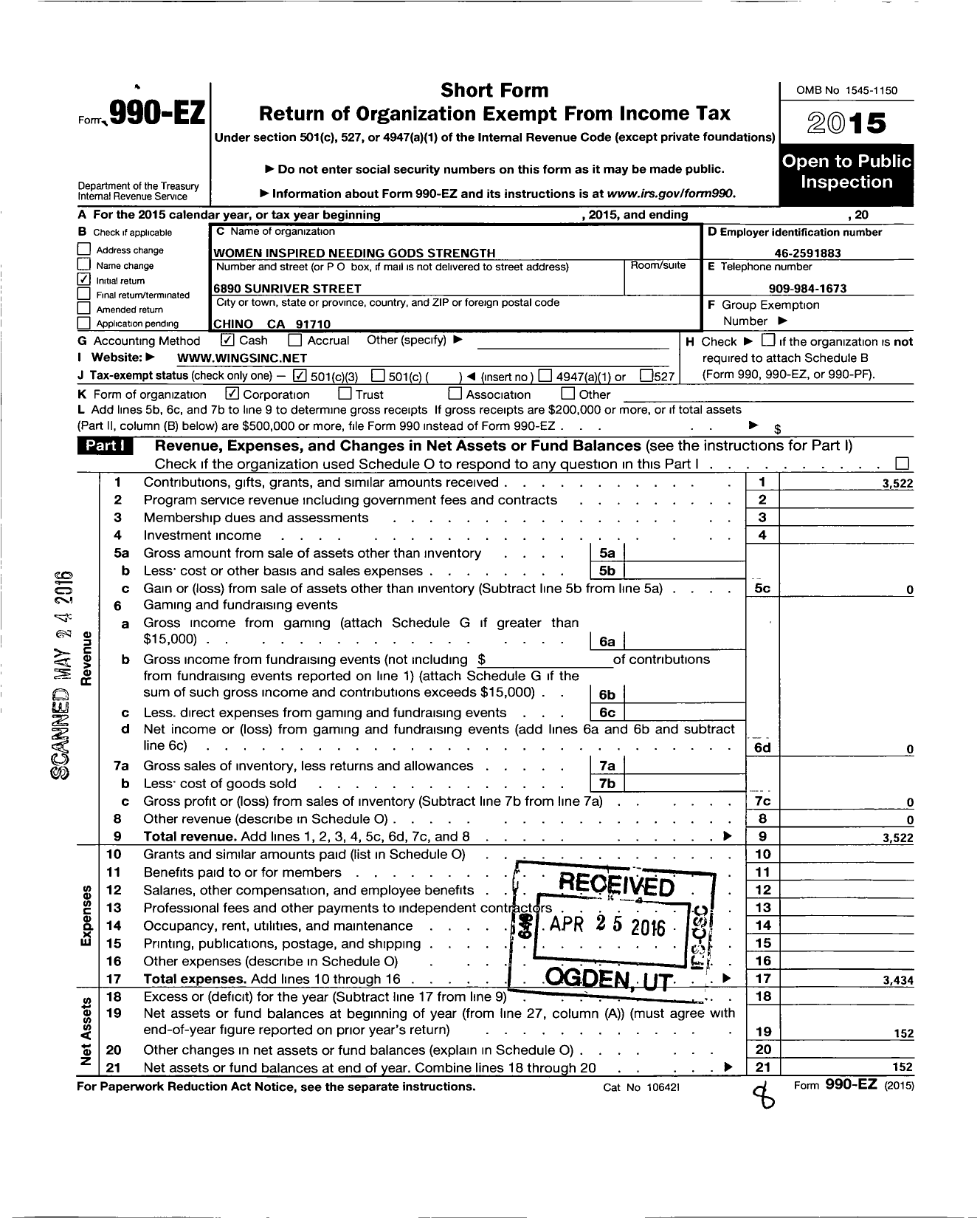 Image of first page of 2015 Form 990EZ for Wings - Women Inspired Needing Gods Strength