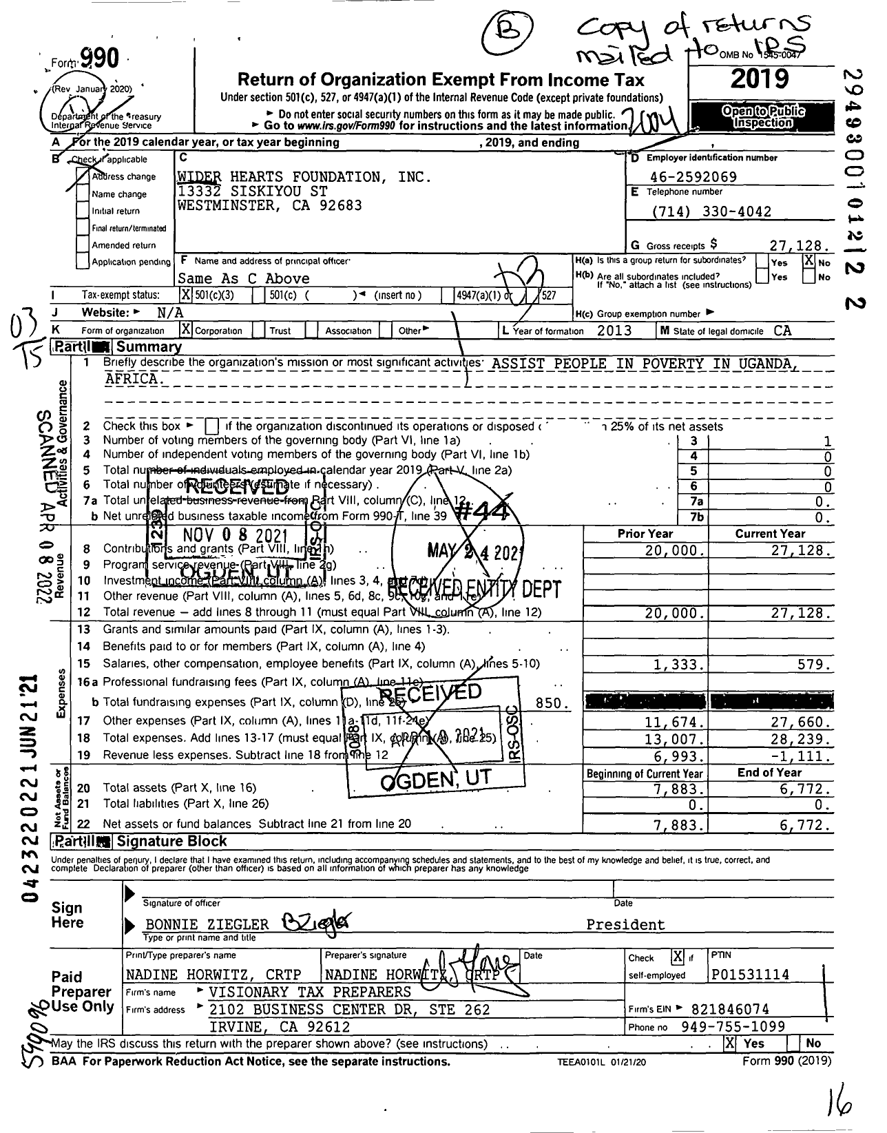 Image of first page of 2019 Form 990 for Wider Hearts Foundation