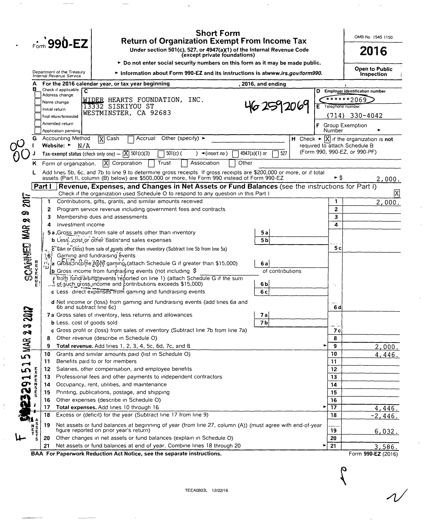 Image of first page of 2016 Form 990EZ for Wider Hearts Foundation