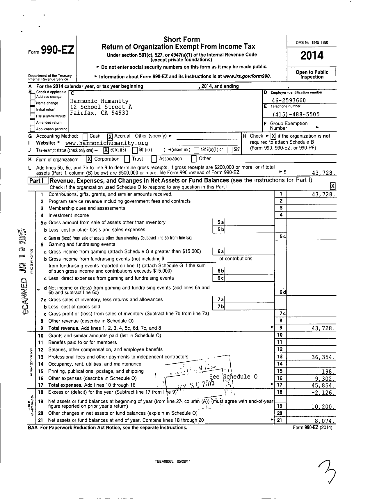 Image of first page of 2014 Form 990EZ for Harmonic Humanity