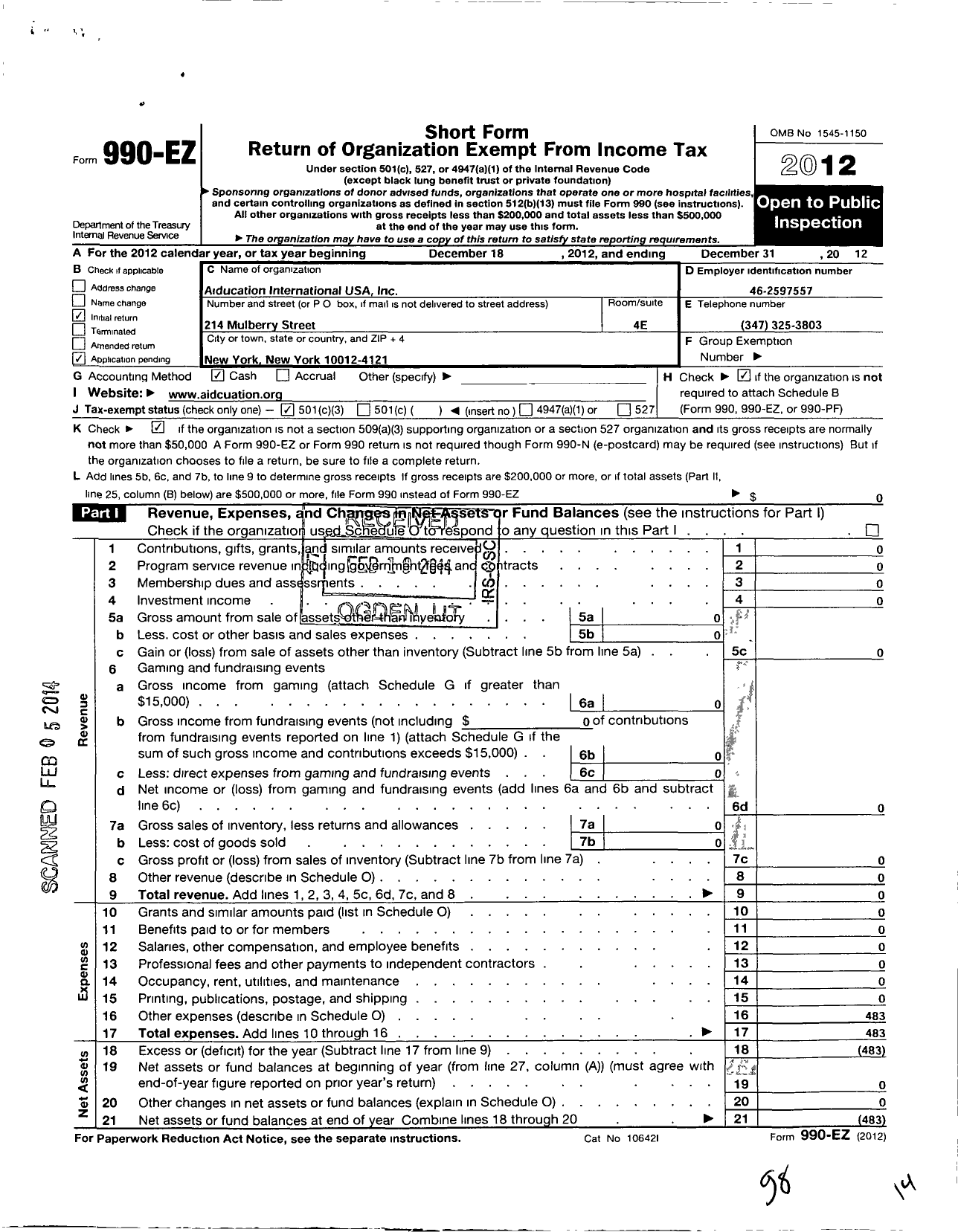 Image of first page of 2012 Form 990EZ for Aiducation International USA