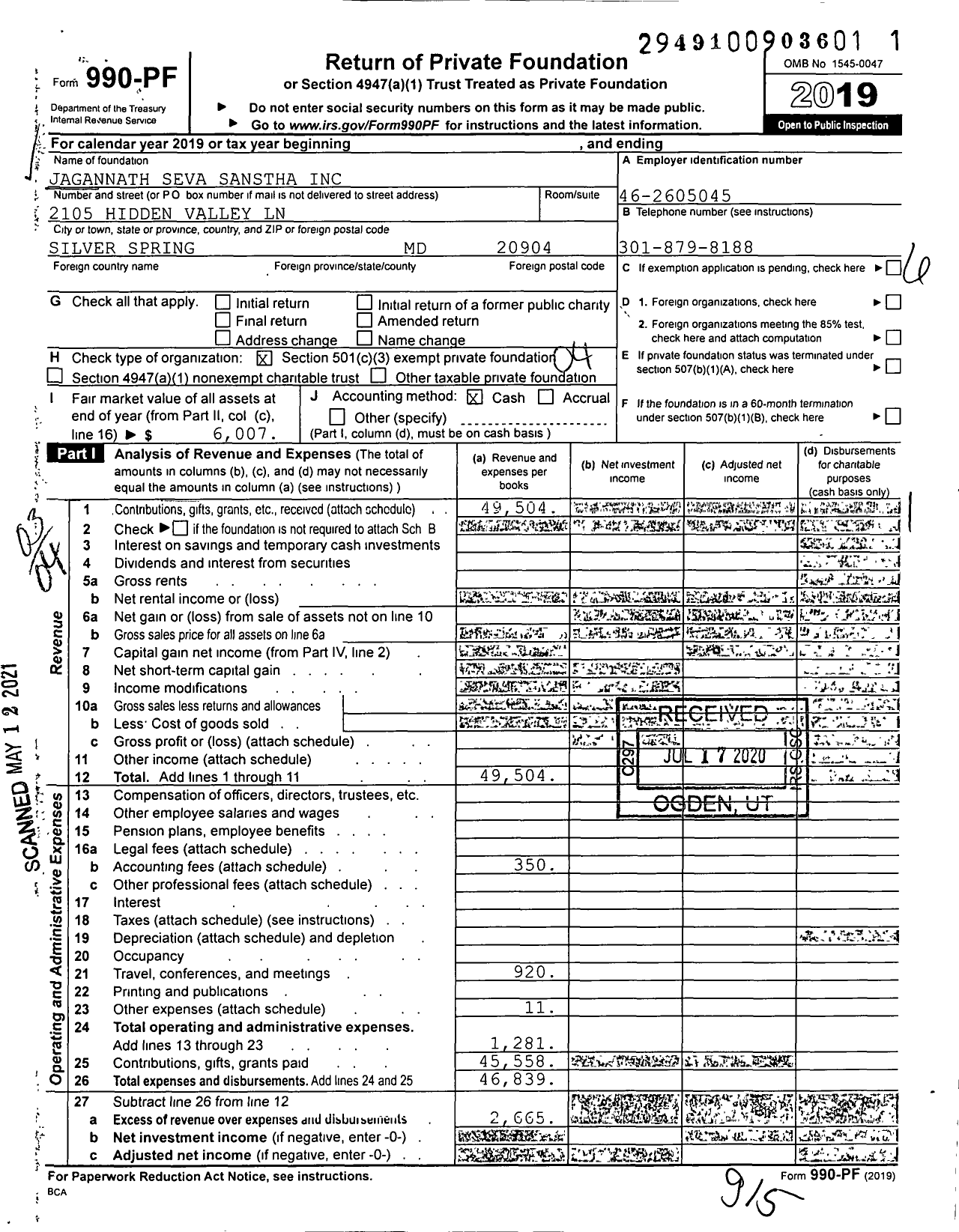 Image of first page of 2019 Form 990PF for Jagannath Seva Sanstha