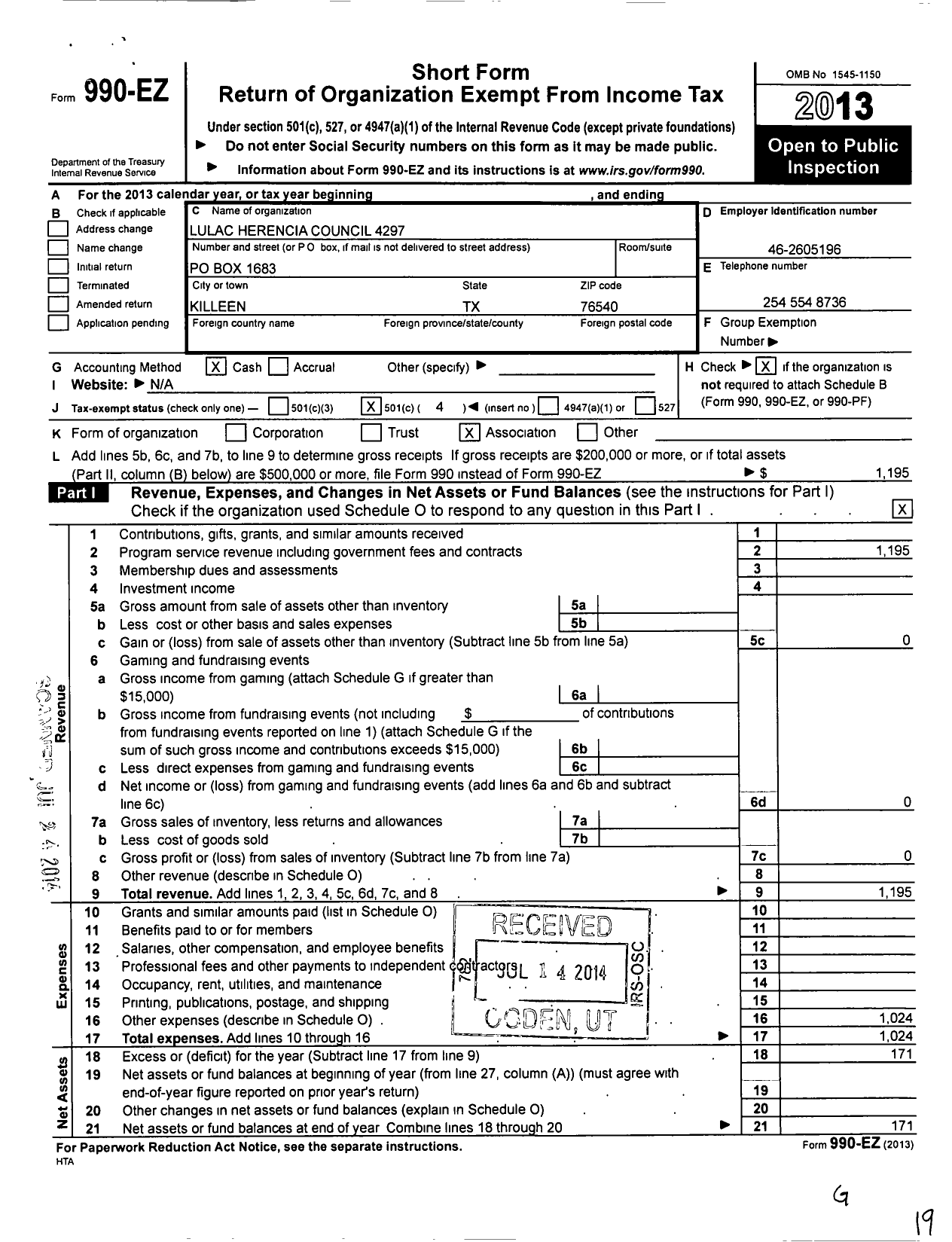 Image of first page of 2013 Form 990EO for Lulac Council 4297