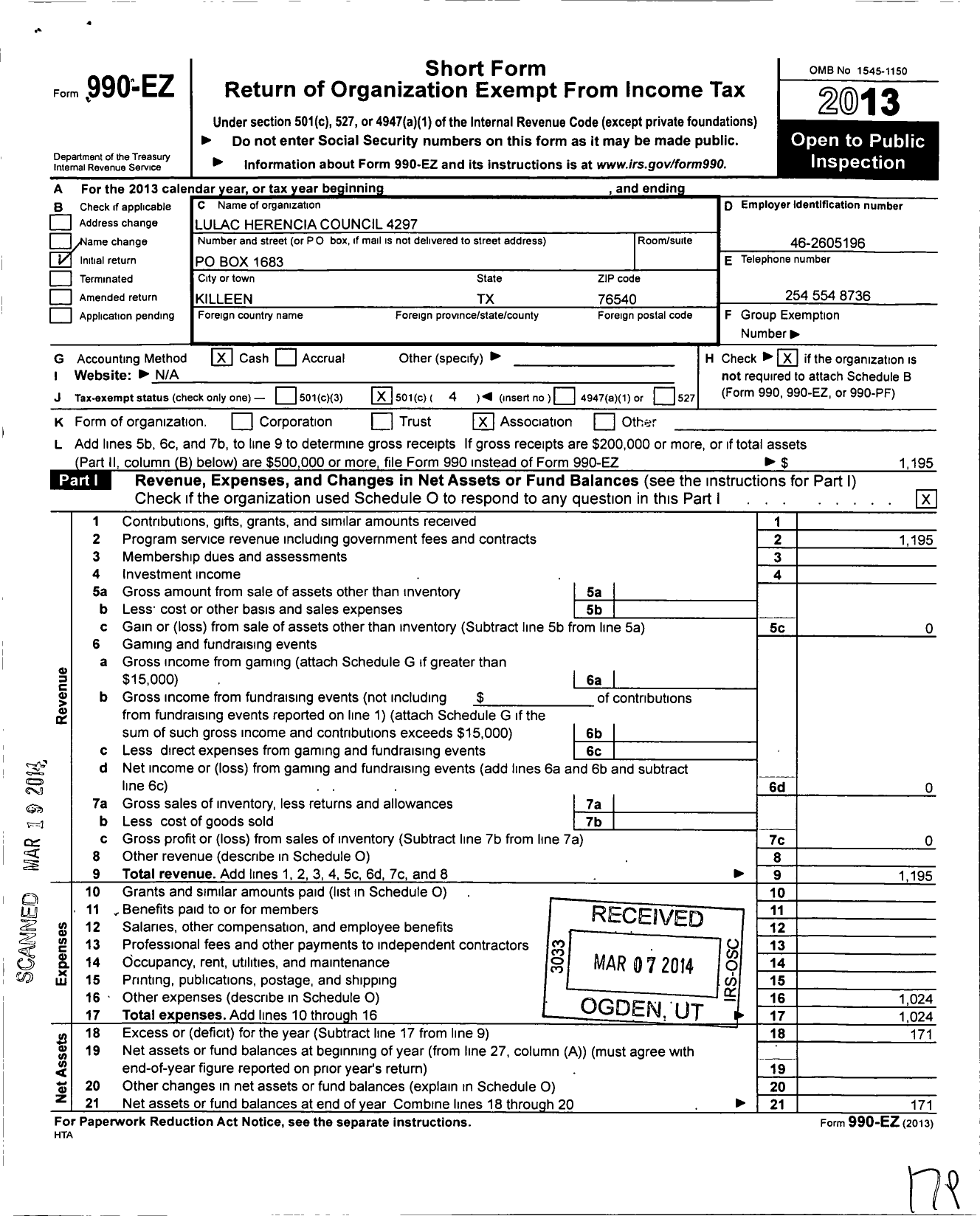 Image of first page of 2013 Form 990EO for Lulac Council 4297