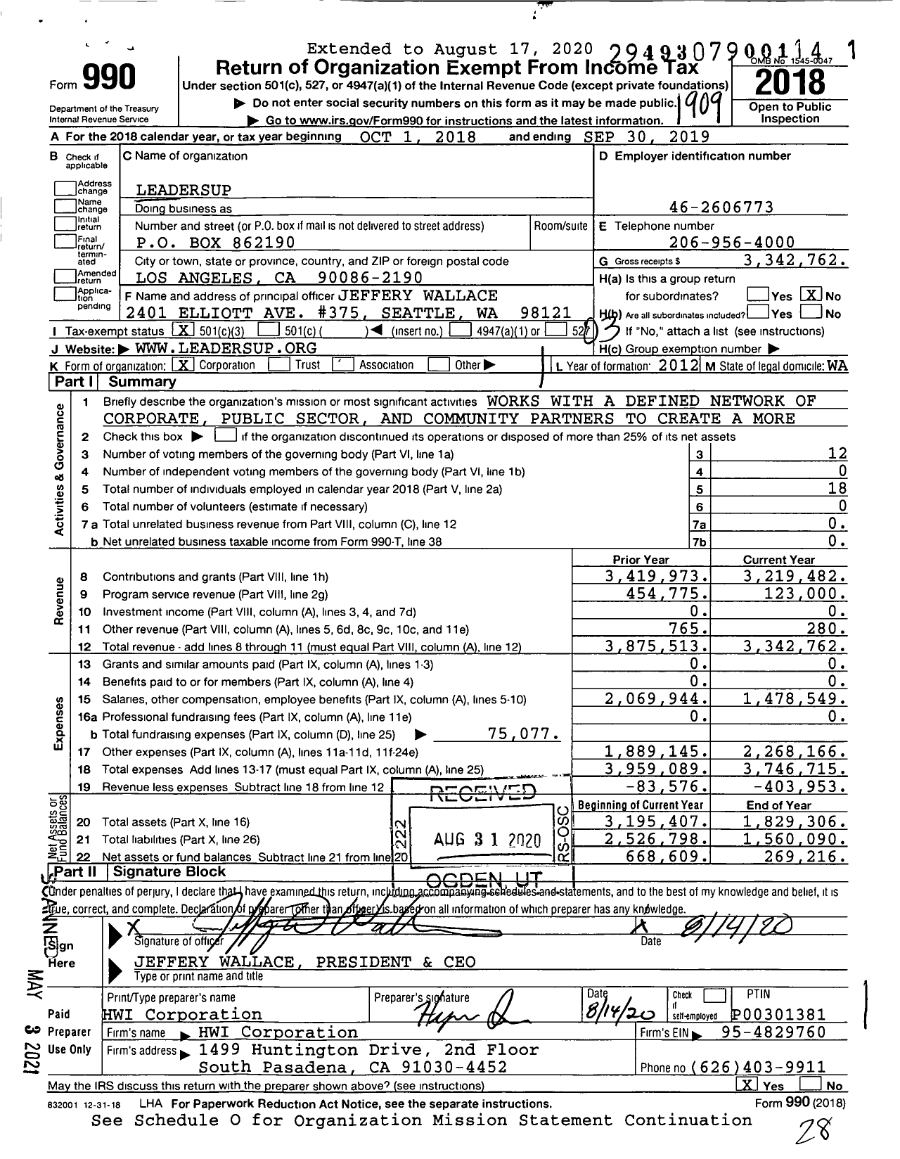 Image of first page of 2018 Form 990 for LeadersUp