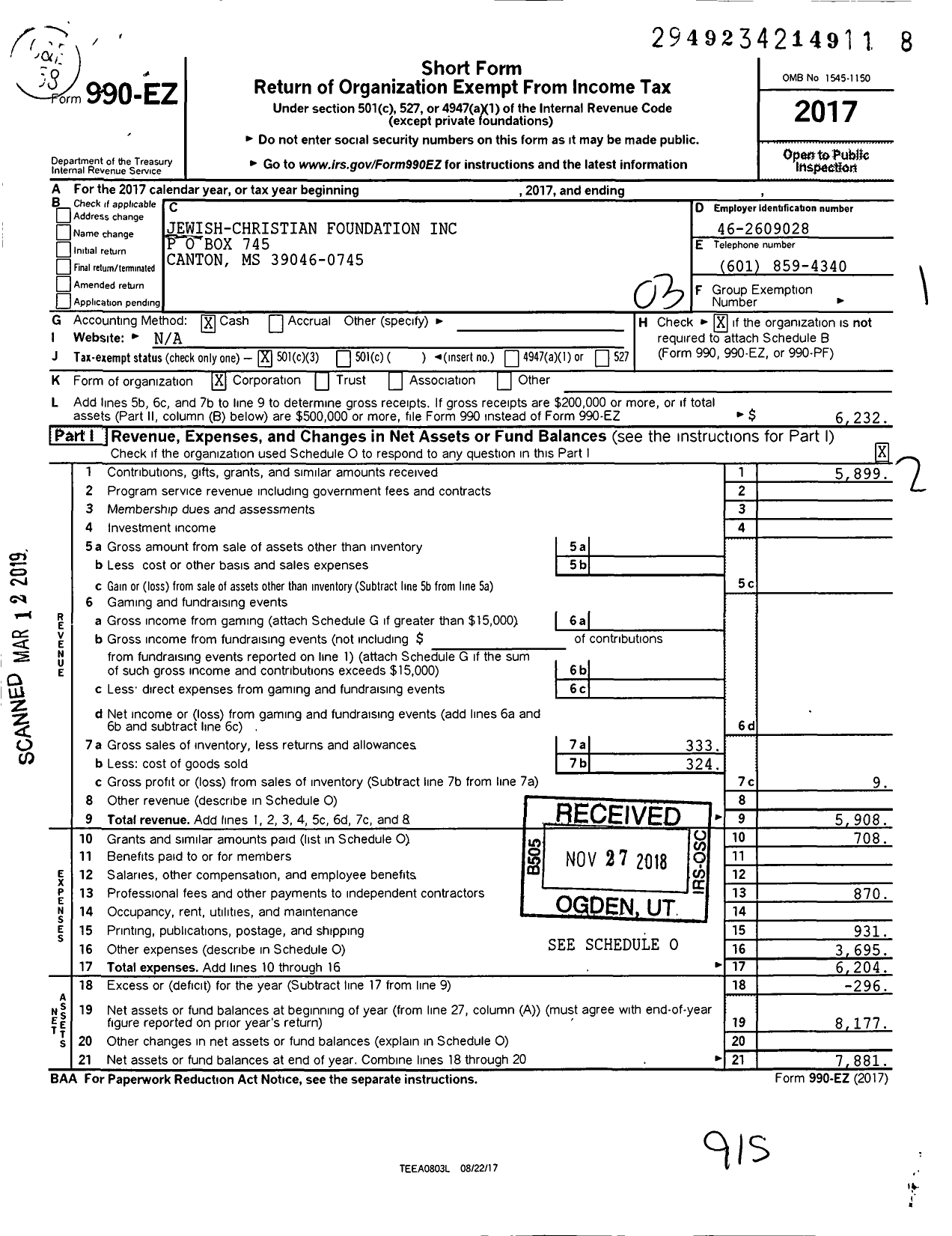 Image of first page of 2017 Form 990EZ for Jewish-Christian Foundation