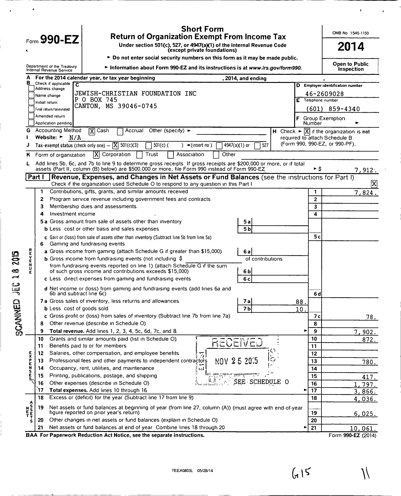 Image of first page of 2014 Form 990EZ for Jewish-Christian Foundation