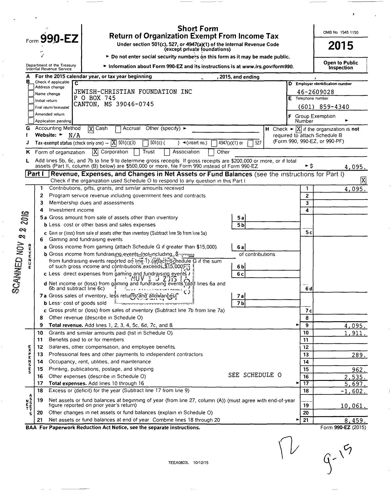 Image of first page of 2015 Form 990EZ for Jewish-Christian Foundation