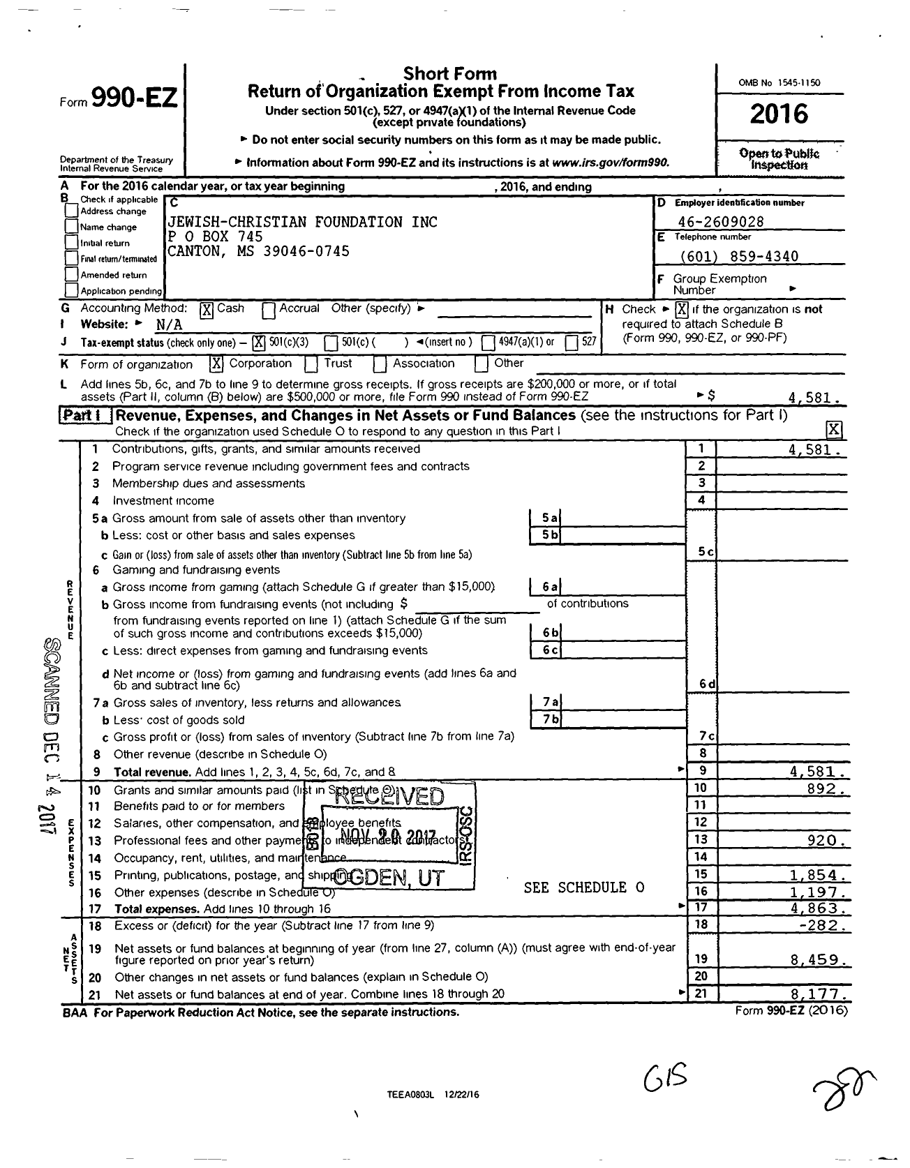 Image of first page of 2016 Form 990EZ for Jewish-Christian Foundation