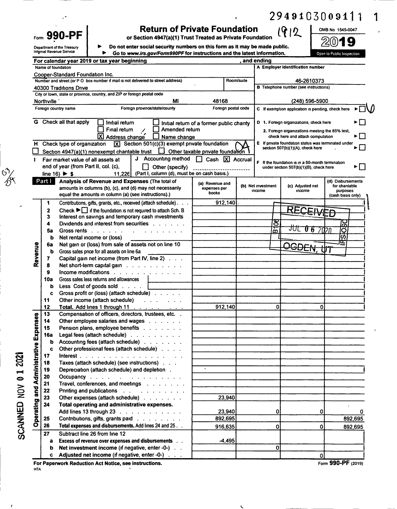 Image of first page of 2019 Form 990PF for Cooper-Standard Foundation