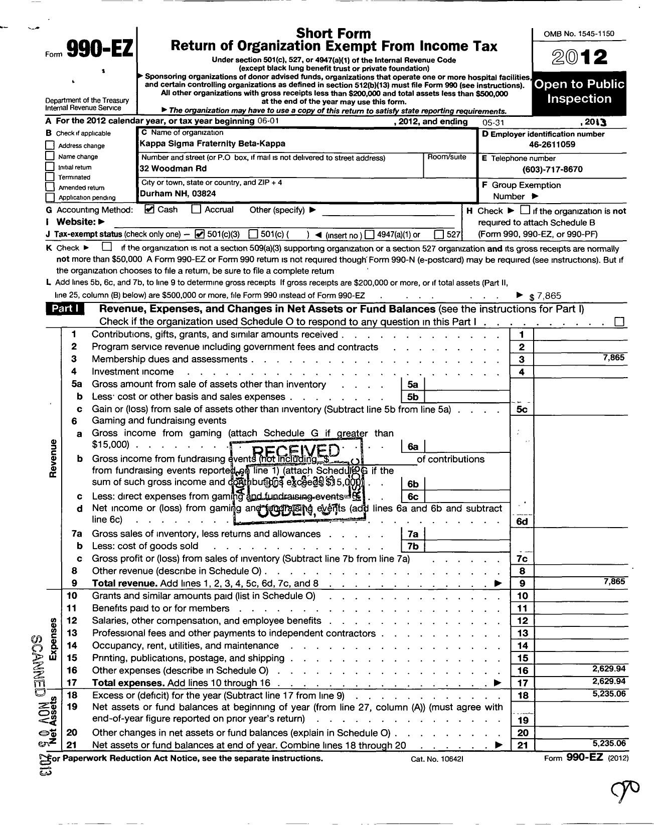 Image of first page of 2012 Form 990EZ for Kappa Sigma Fraternity - Beta-Kappa Chapter