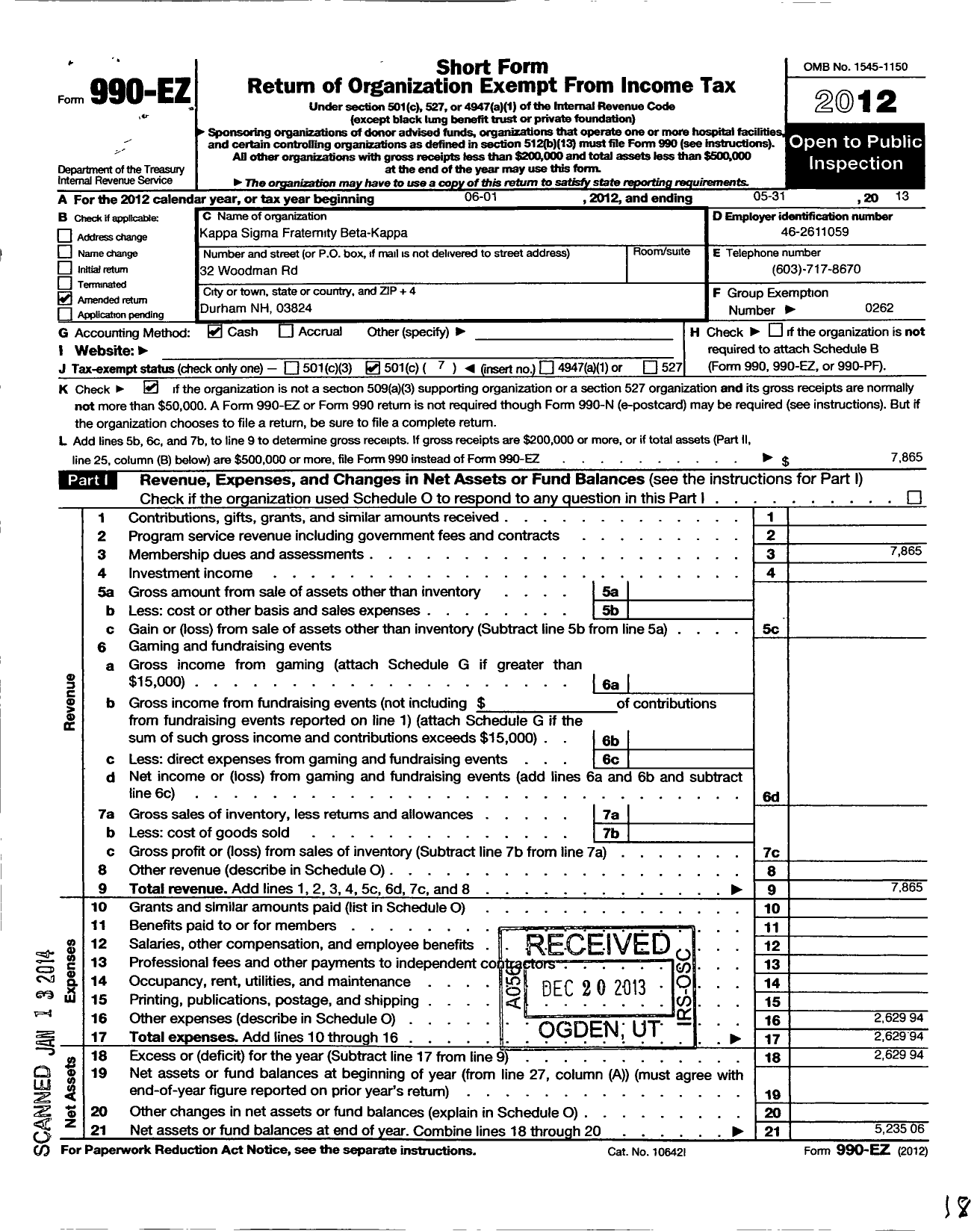 Image of first page of 2012 Form 990EO for Kappa Sigma Fraternity - Beta-Kappa Chapter