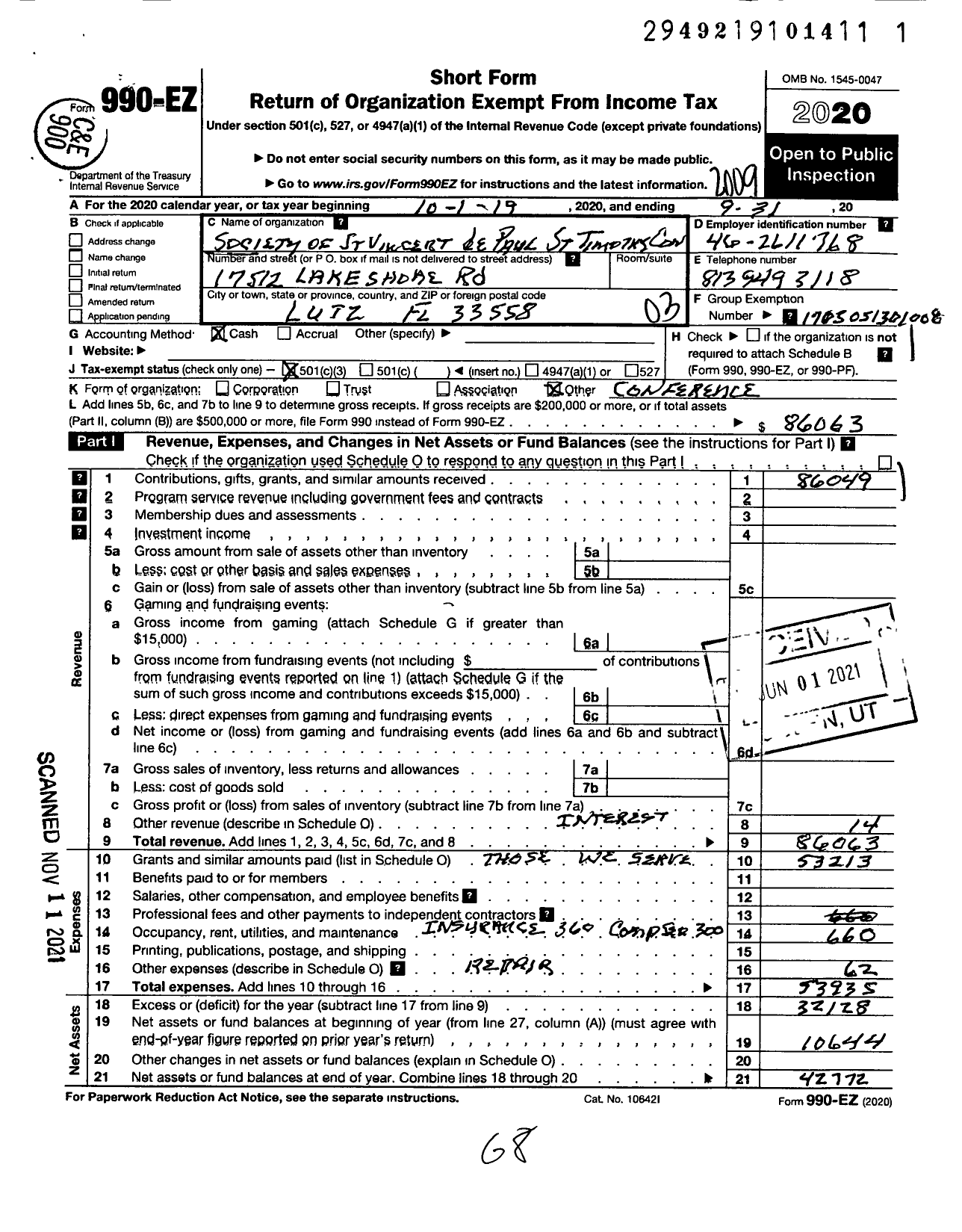 Image of first page of 2019 Form 990EZ for Society of St Vincent DePaul St Timothy Conference