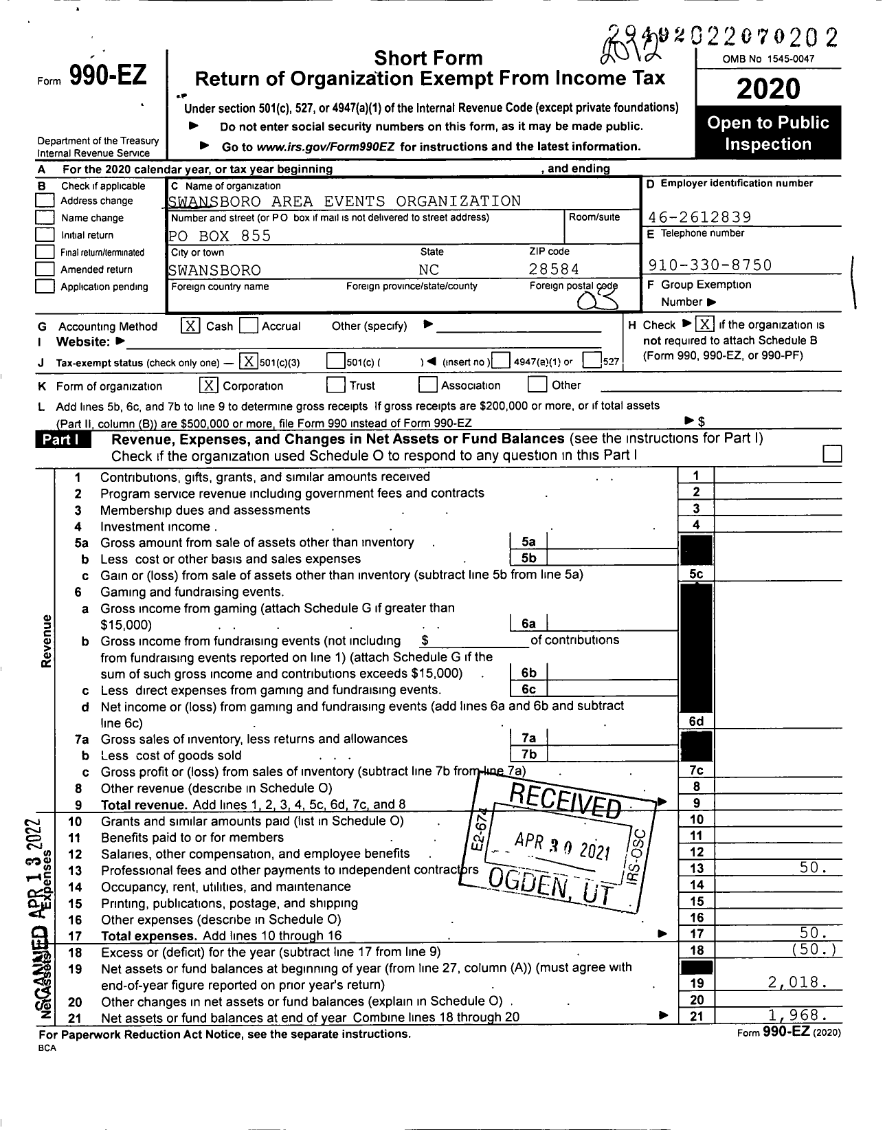 Image of first page of 2020 Form 990EZ for Swansboro Area Events Organization