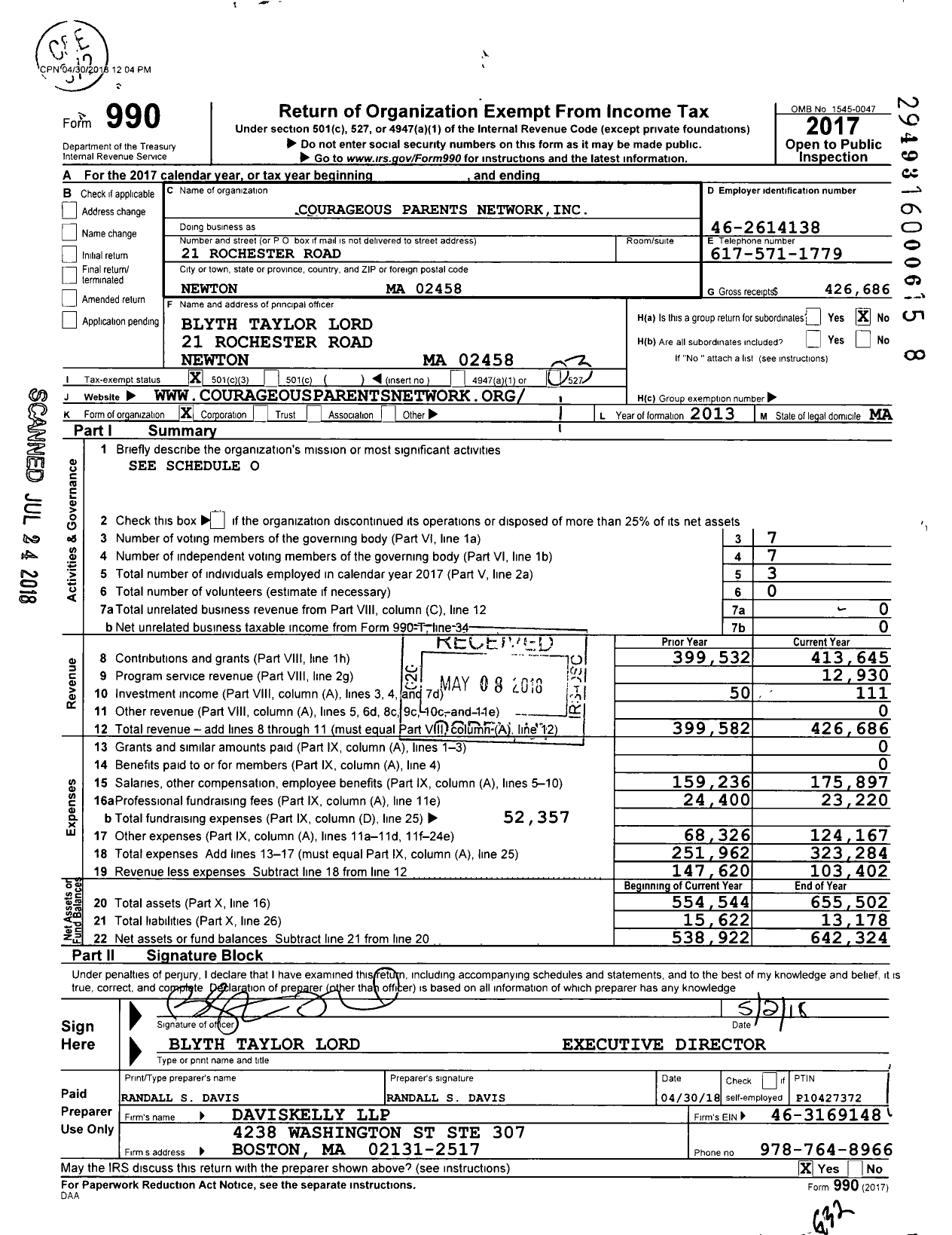 Image of first page of 2017 Form 990 for Courageous Parents Network