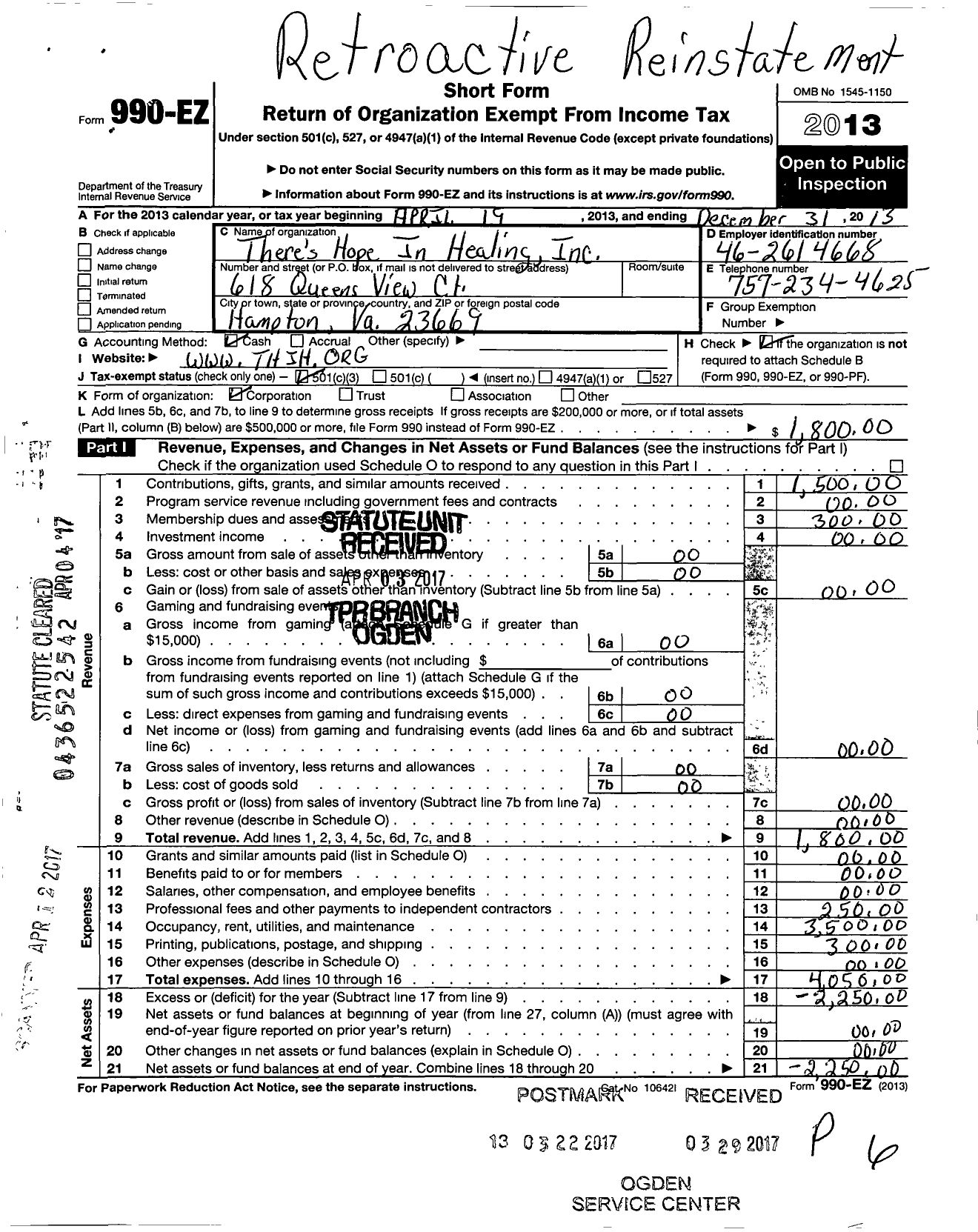 Image of first page of 2013 Form 990EZ for There Is Hope in Healing