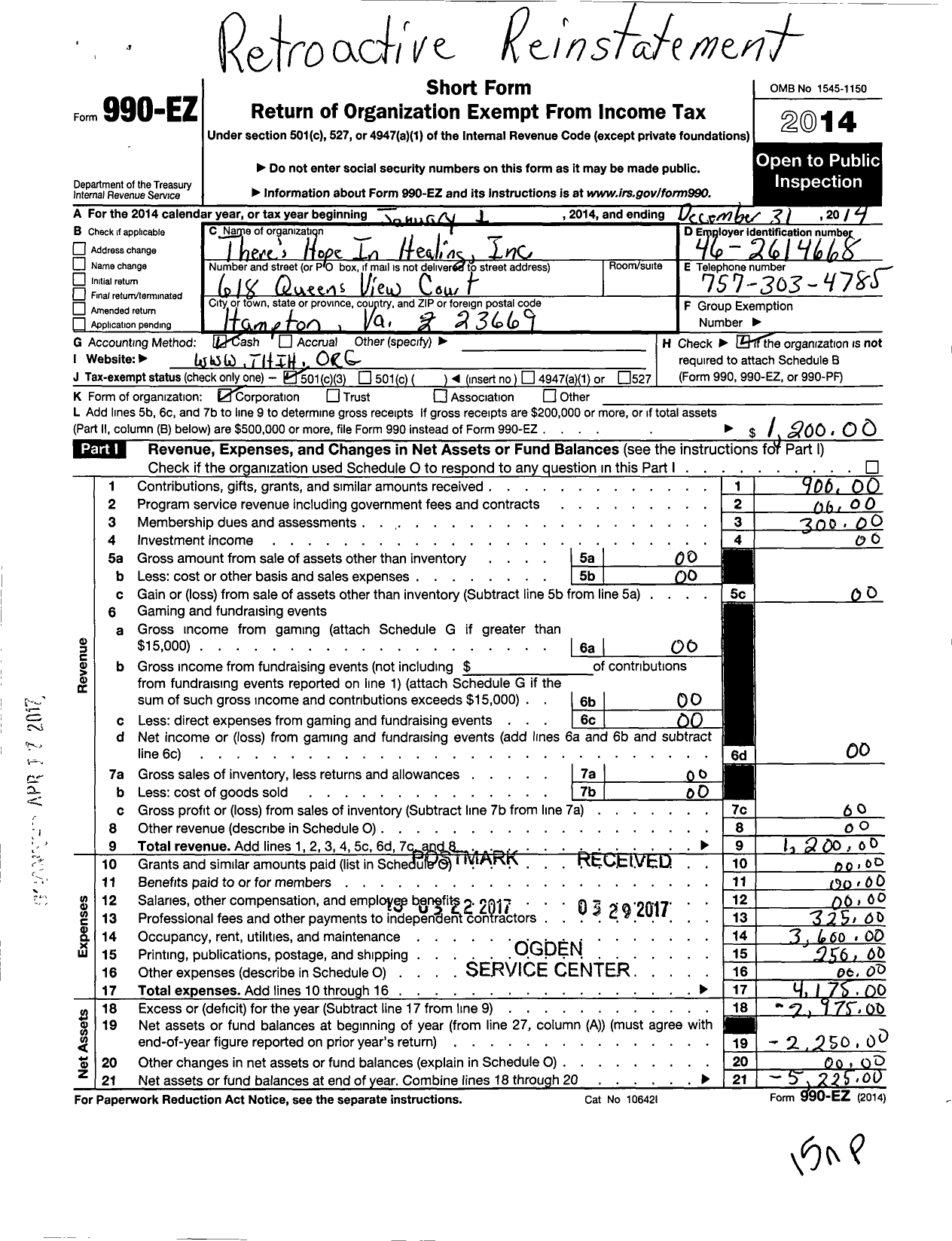 Image of first page of 2014 Form 990EZ for There Is Hope in Healing