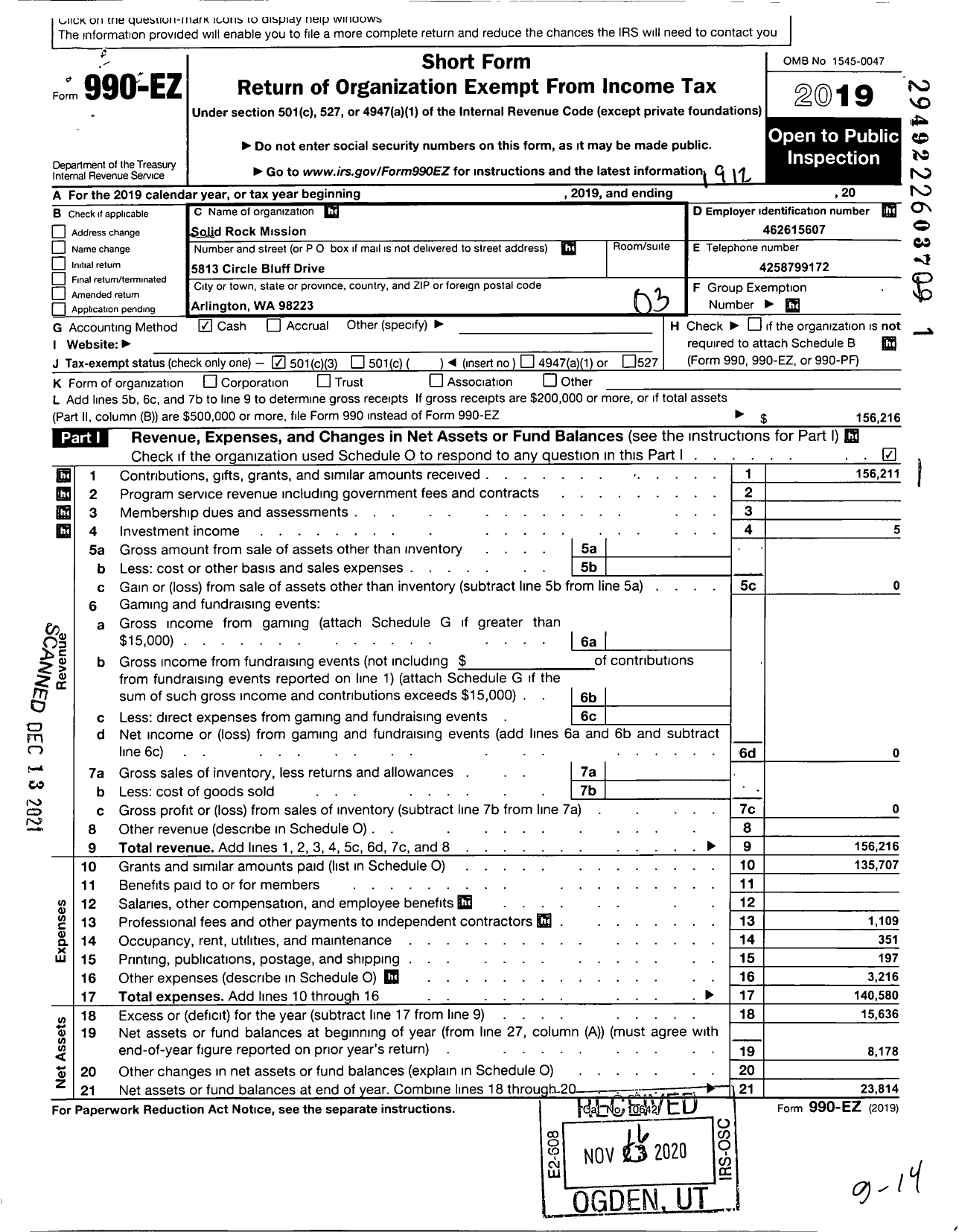 Image of first page of 2019 Form 990EZ for Solid Rock Mission