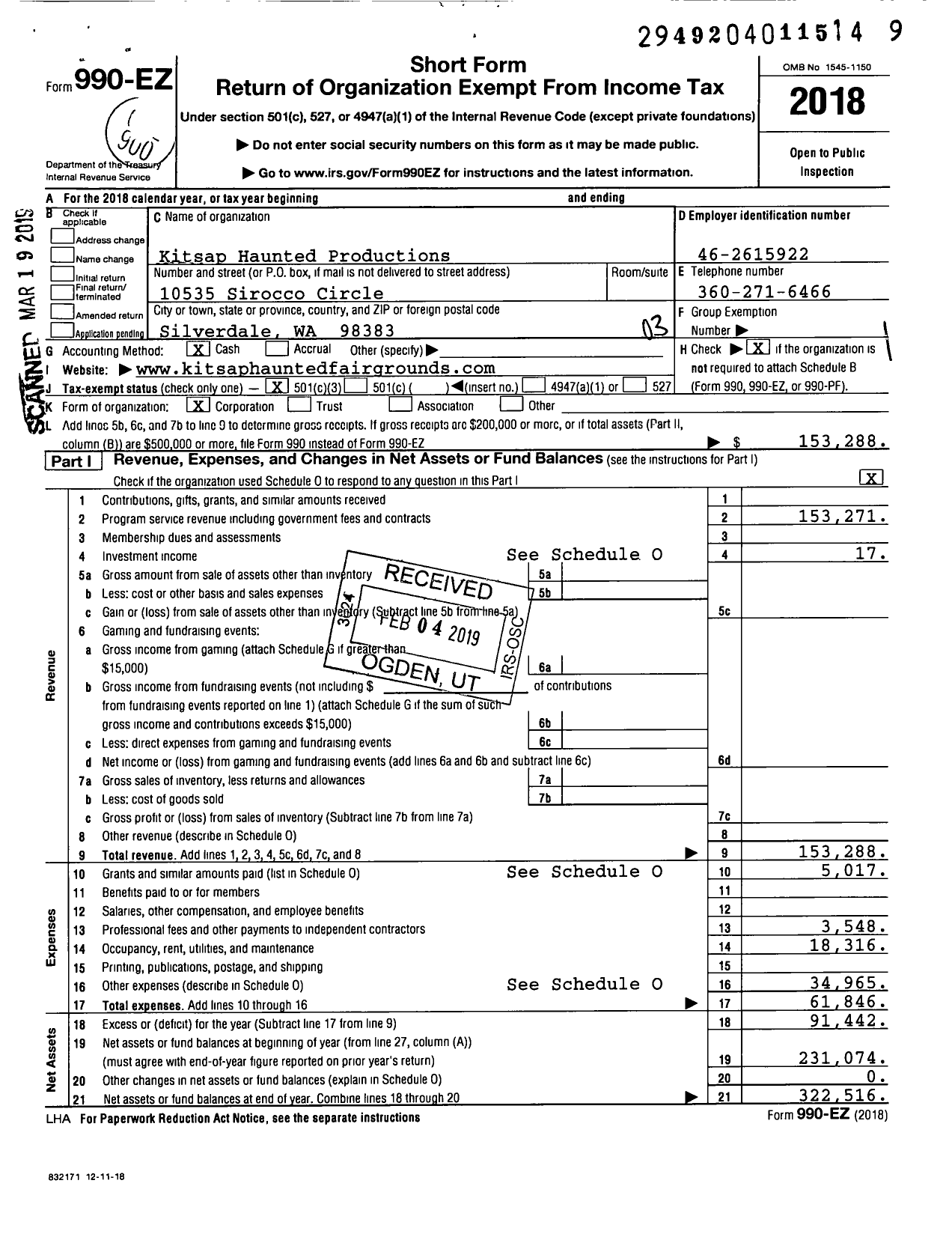 Image of first page of 2018 Form 990EZ for Kitsap Haunted Productions