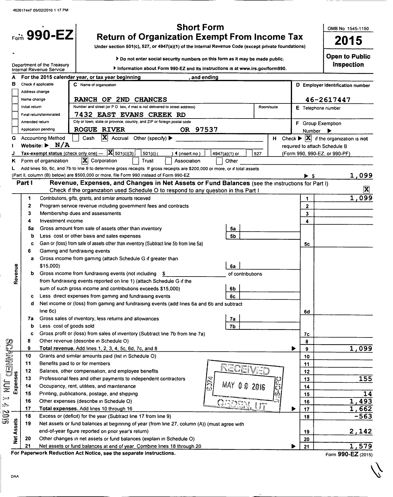 Image of first page of 2015 Form 990EZ for Ranch of 2nd Chances