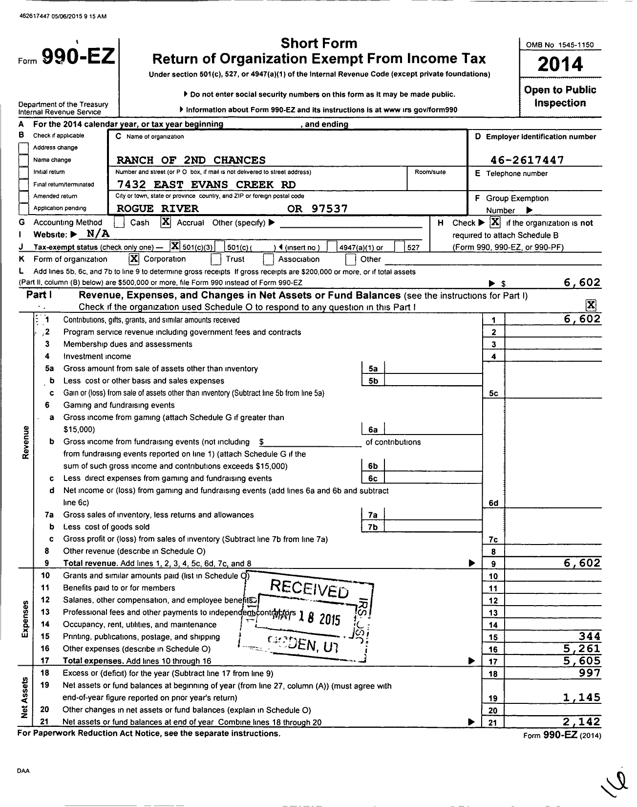 Image of first page of 2014 Form 990EZ for Ranch of 2nd Chances