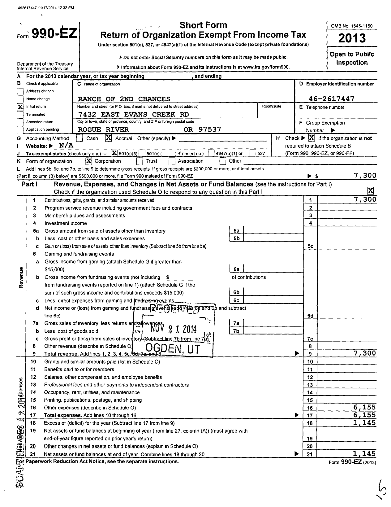 Image of first page of 2013 Form 990EZ for Ranch of 2nd Chances