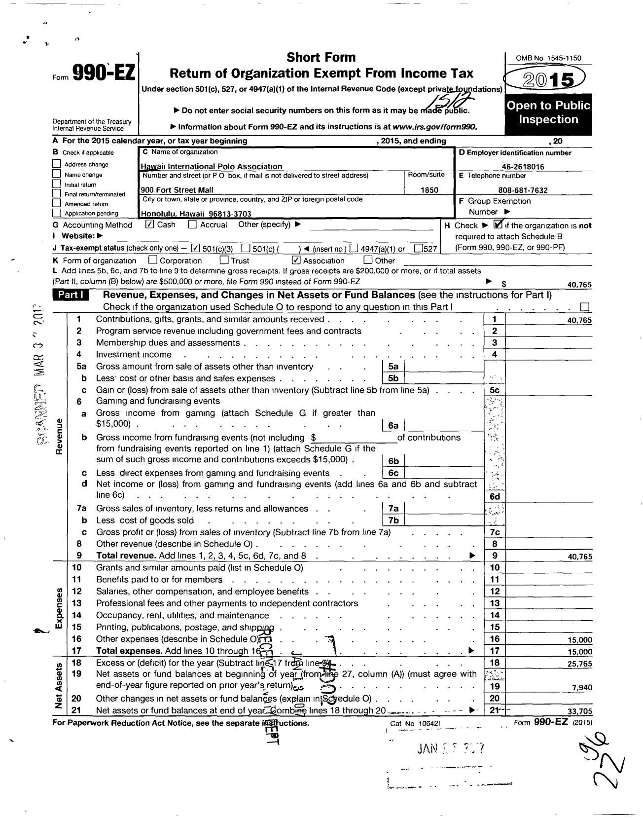 Image of first page of 2015 Form 990EZ for Hawaii International Polo Association