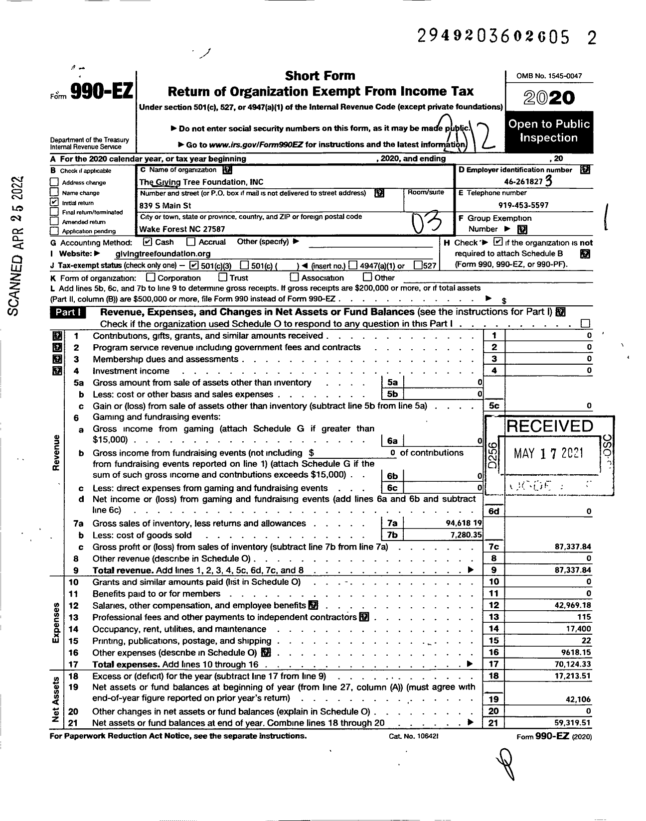 Image of first page of 2020 Form 990EZ for Giving Tree Foundation