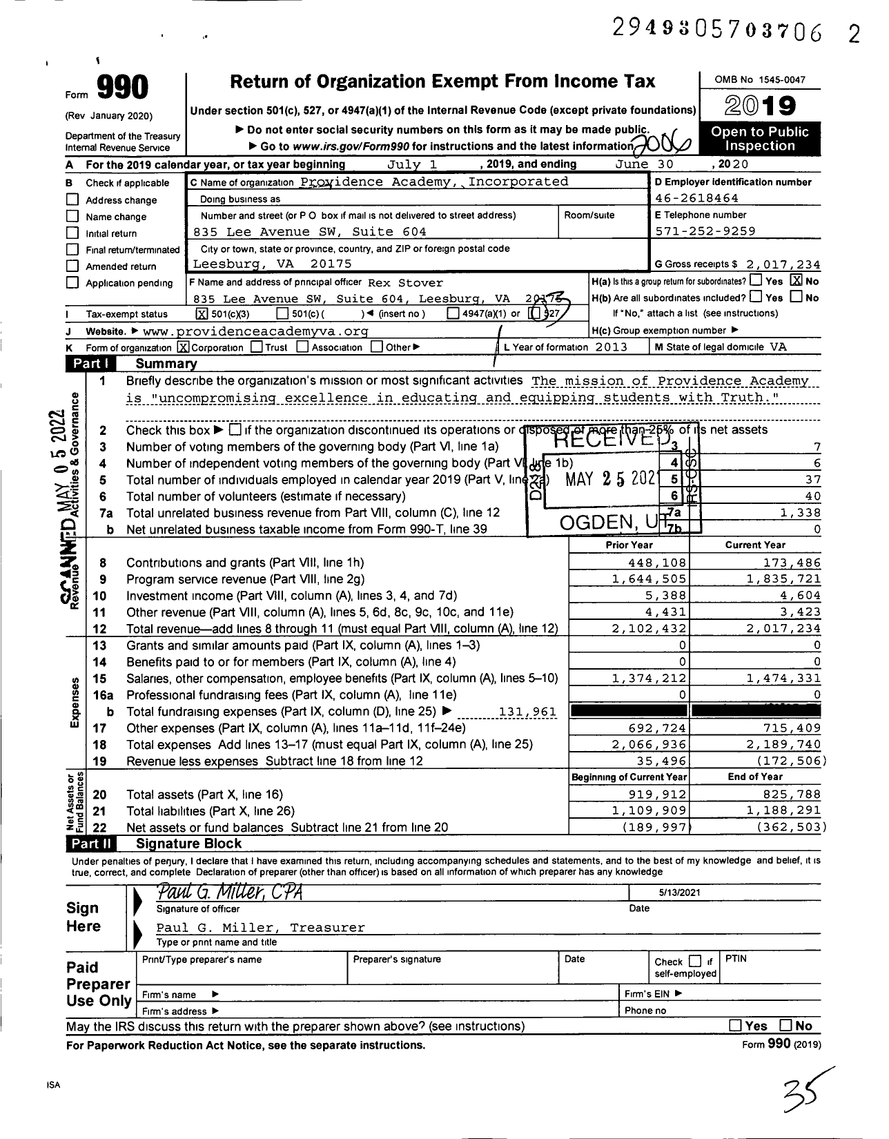 Image of first page of 2019 Form 990 for Providence Academy Incorporated