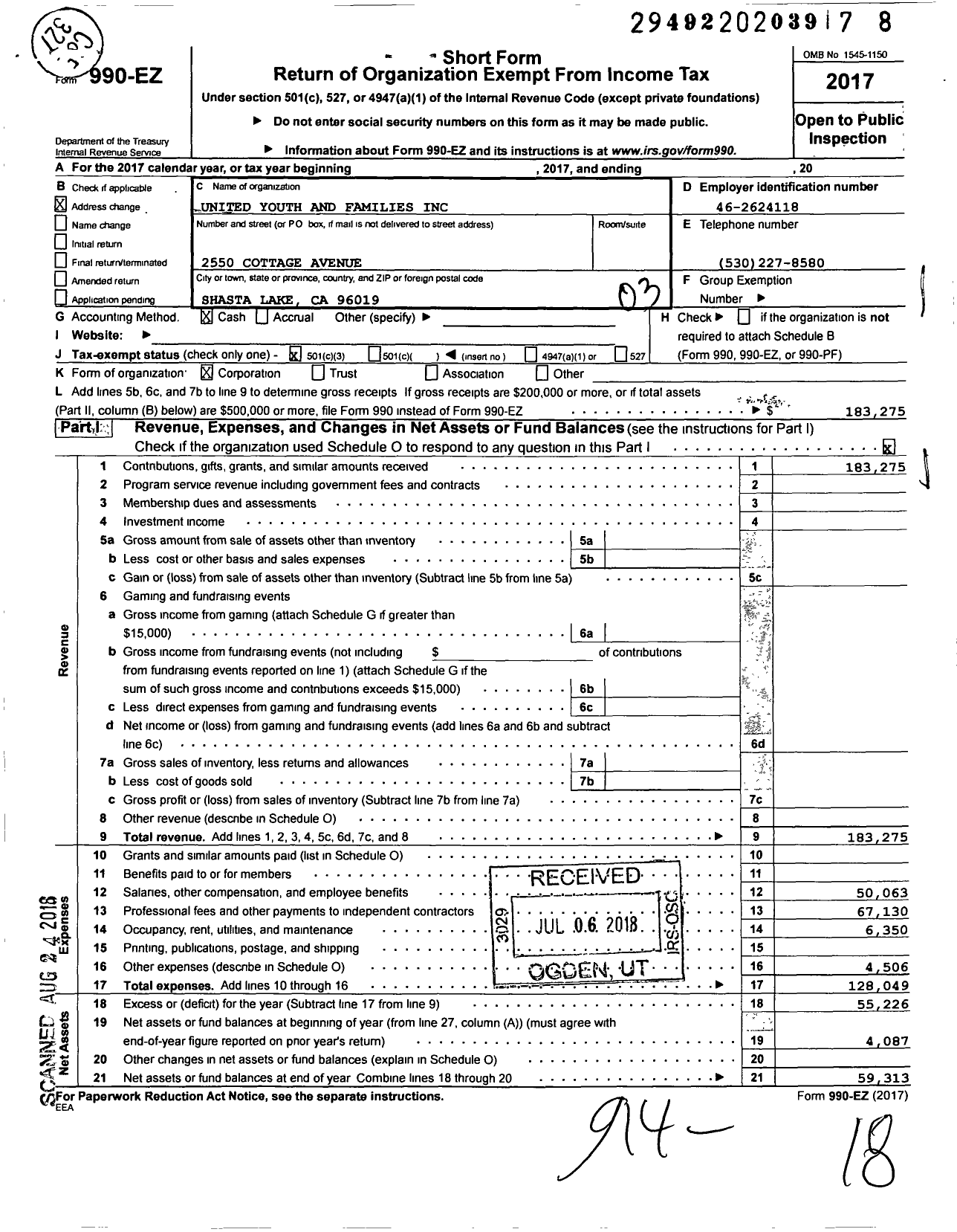 Image of first page of 2017 Form 990EZ for United Youth and Families