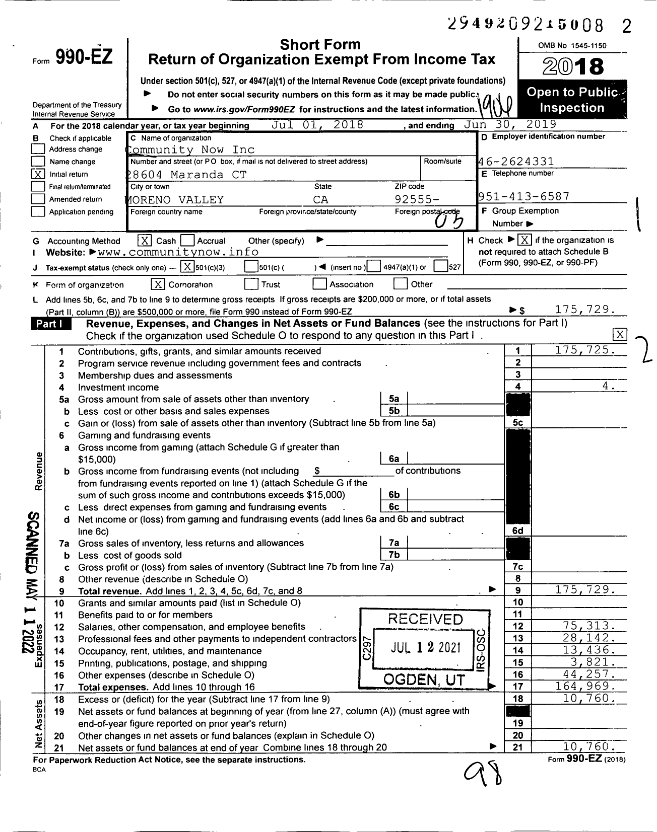 Image of first page of 2018 Form 990EZ for Community Now / Moreno Valley Safe Routes To School