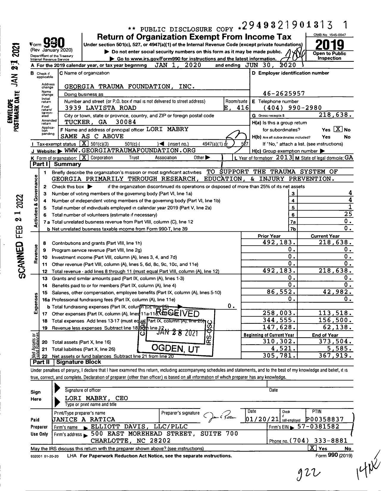 Image of first page of 2019 Form 990 for Georgia Trauma Foundation