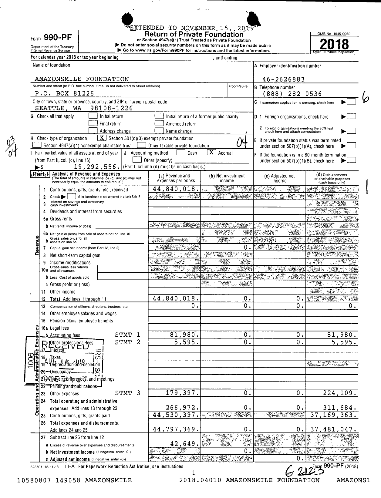 Image of first page of 2018 Form 990PF for AmazonSmile Foundation