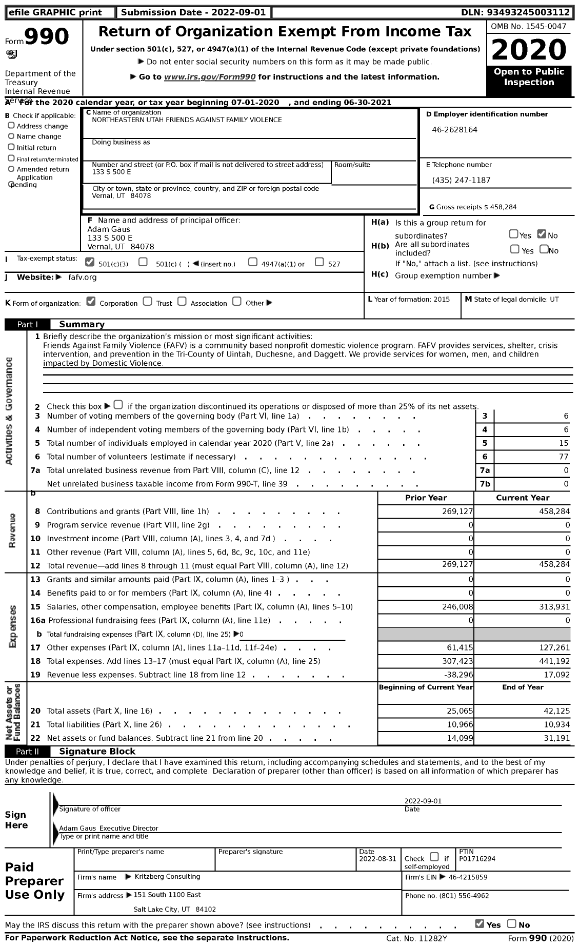 Image of first page of 2020 Form 990 for Northeastern Utah Friends Against Family Violence