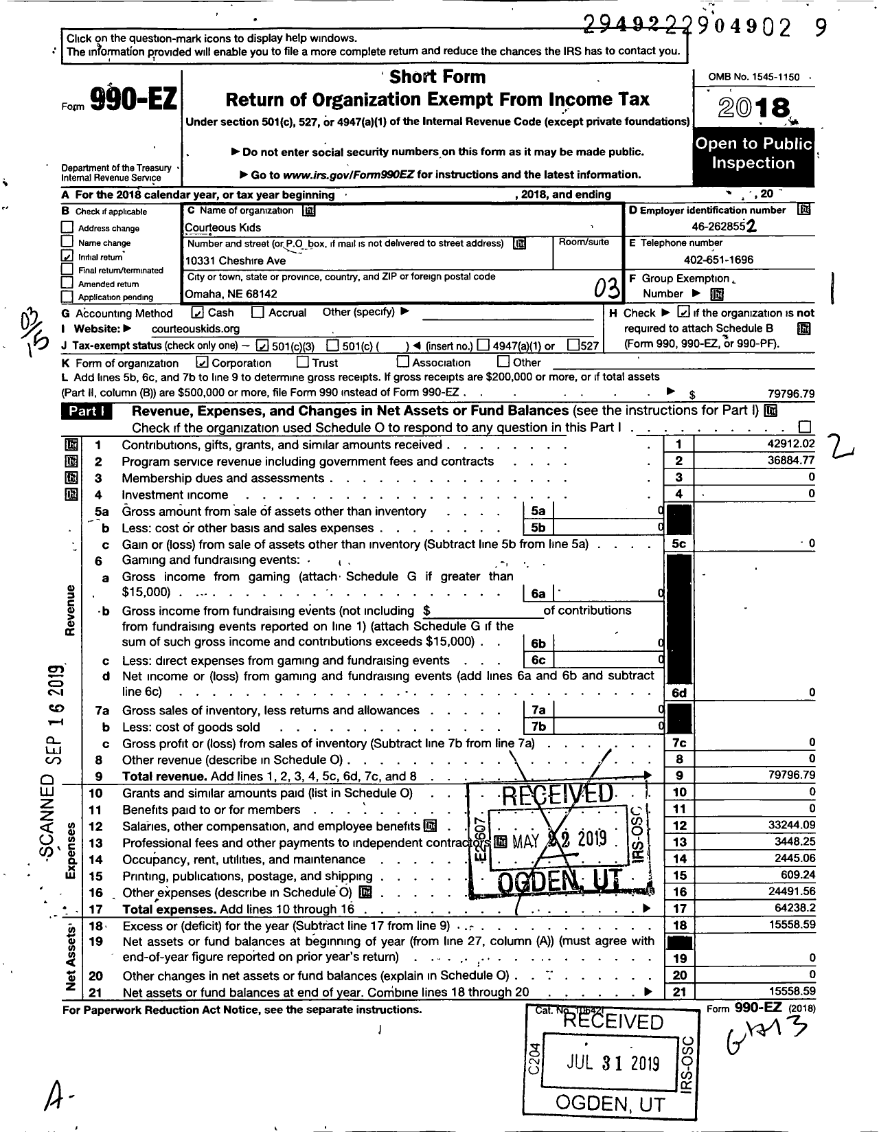 Image of first page of 2018 Form 990EZ for Courteous Kids