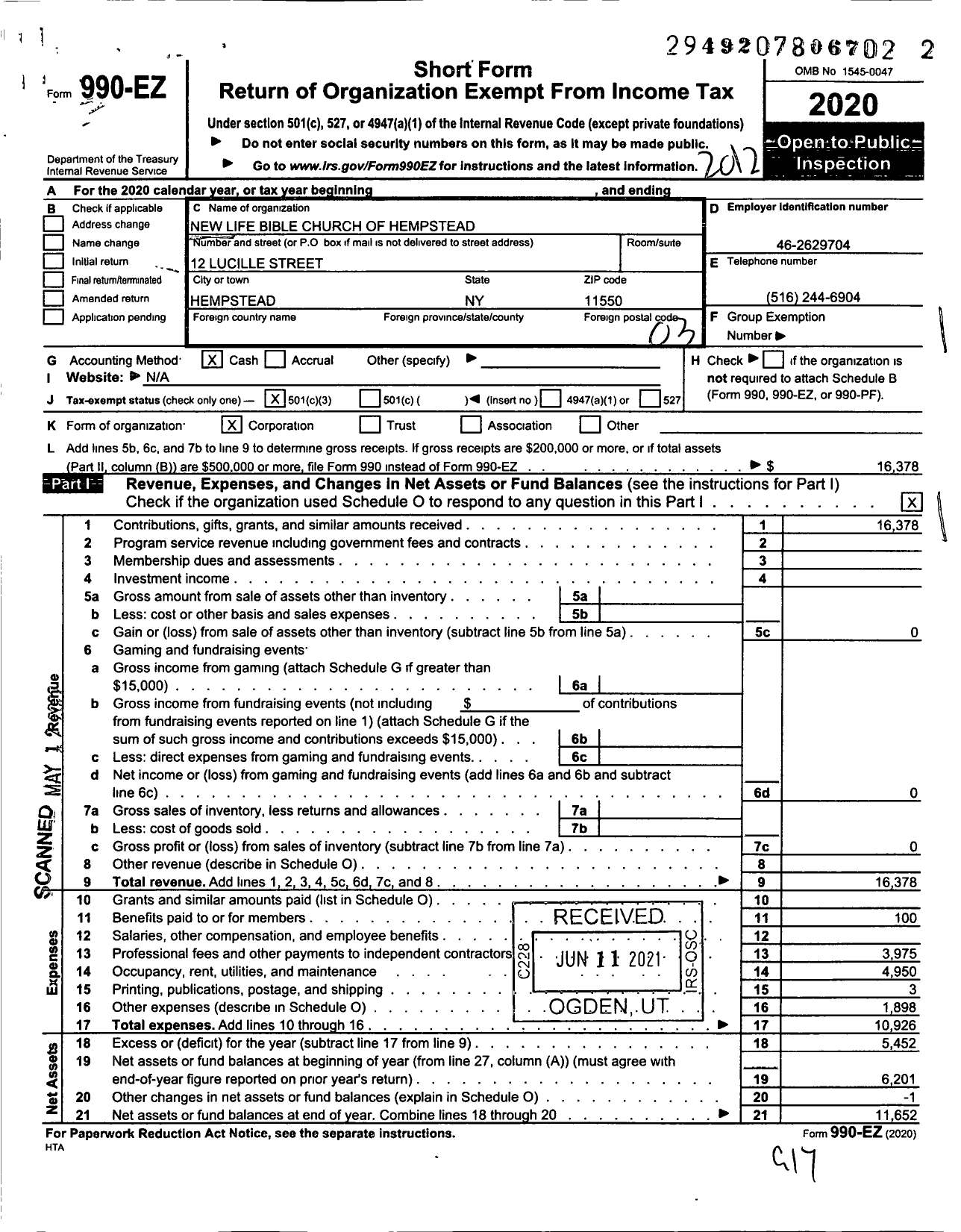 Image of first page of 2020 Form 990EZ for New Life Bible Church of Hempstead