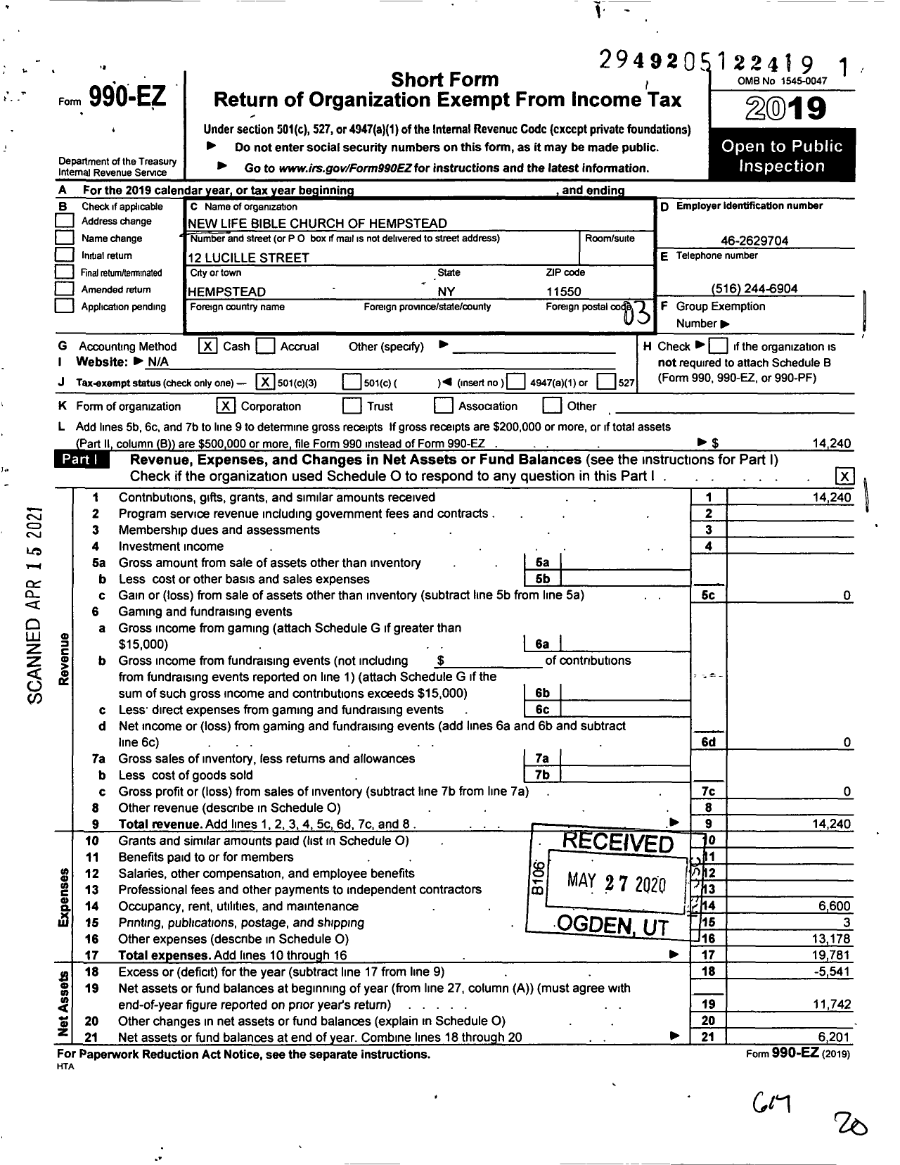 Image of first page of 2019 Form 990EZ for New Life Bible Church of Hempstead