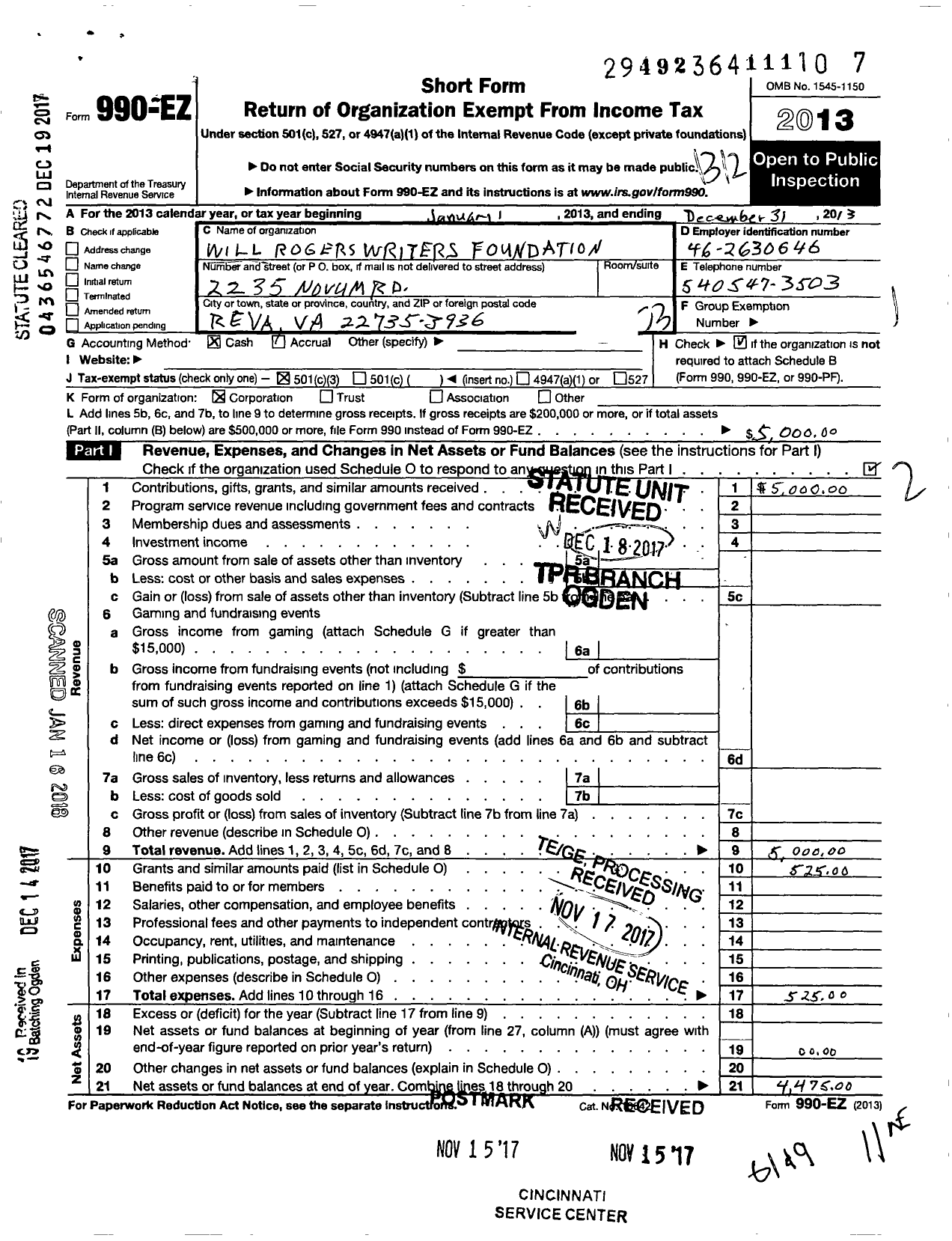 Image of first page of 2013 Form 990EZ for Will Rogers Writers Foundation