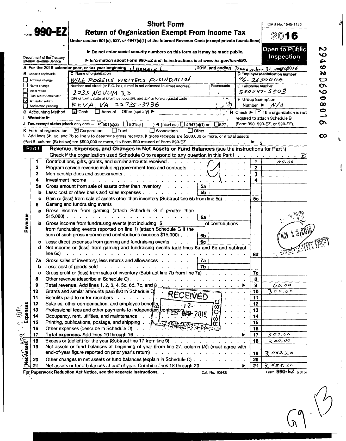 Image of first page of 2016 Form 990EZ for Will Rogers Writers Foundation