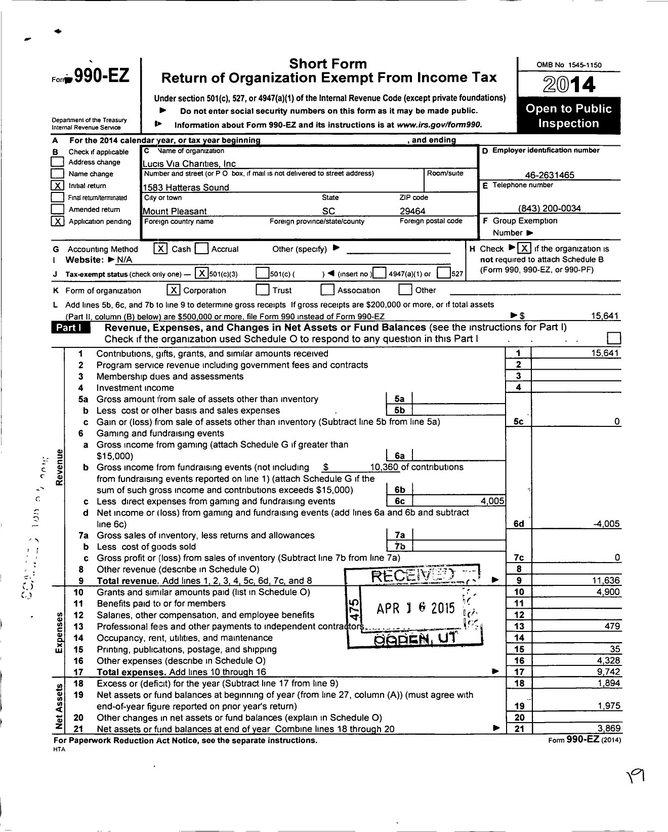 Image of first page of 2014 Form 990EZ for Lucis Via Charities