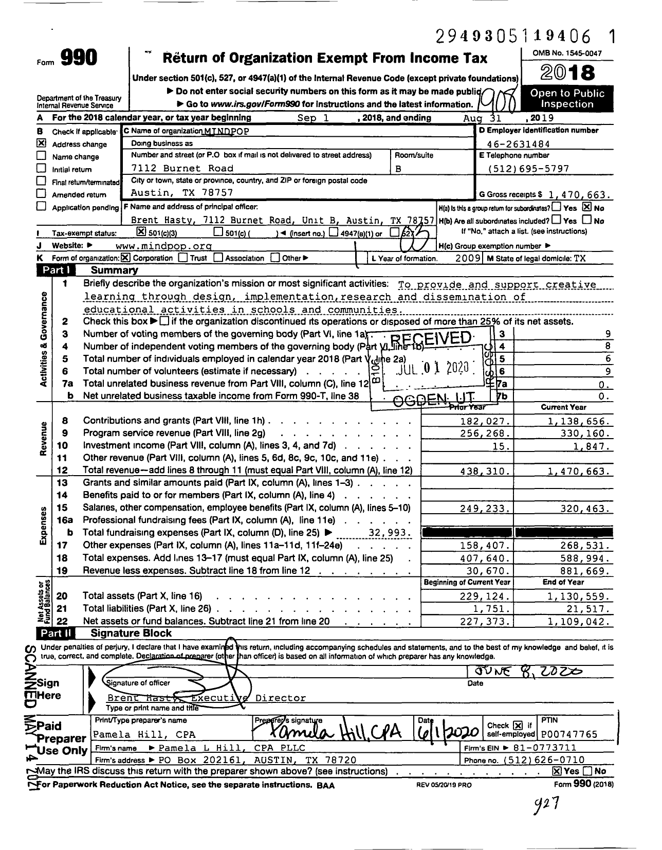 Image of first page of 2018 Form 990 for Mindpop