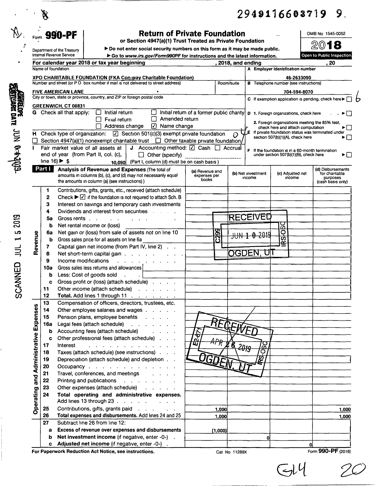 Image of first page of 2018 Form 990PF for XPO Charitable Foundation