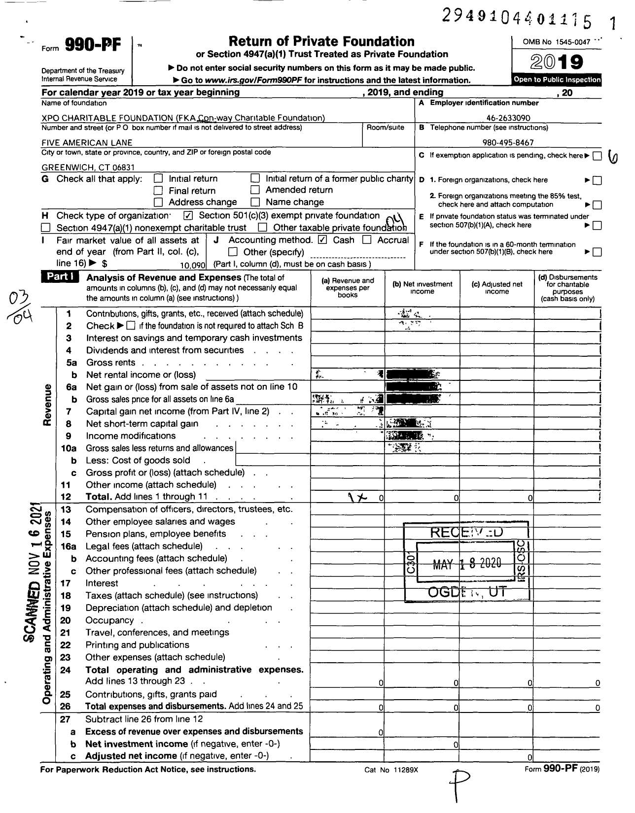 Image of first page of 2019 Form 990PF for XPO Charitable Foundation