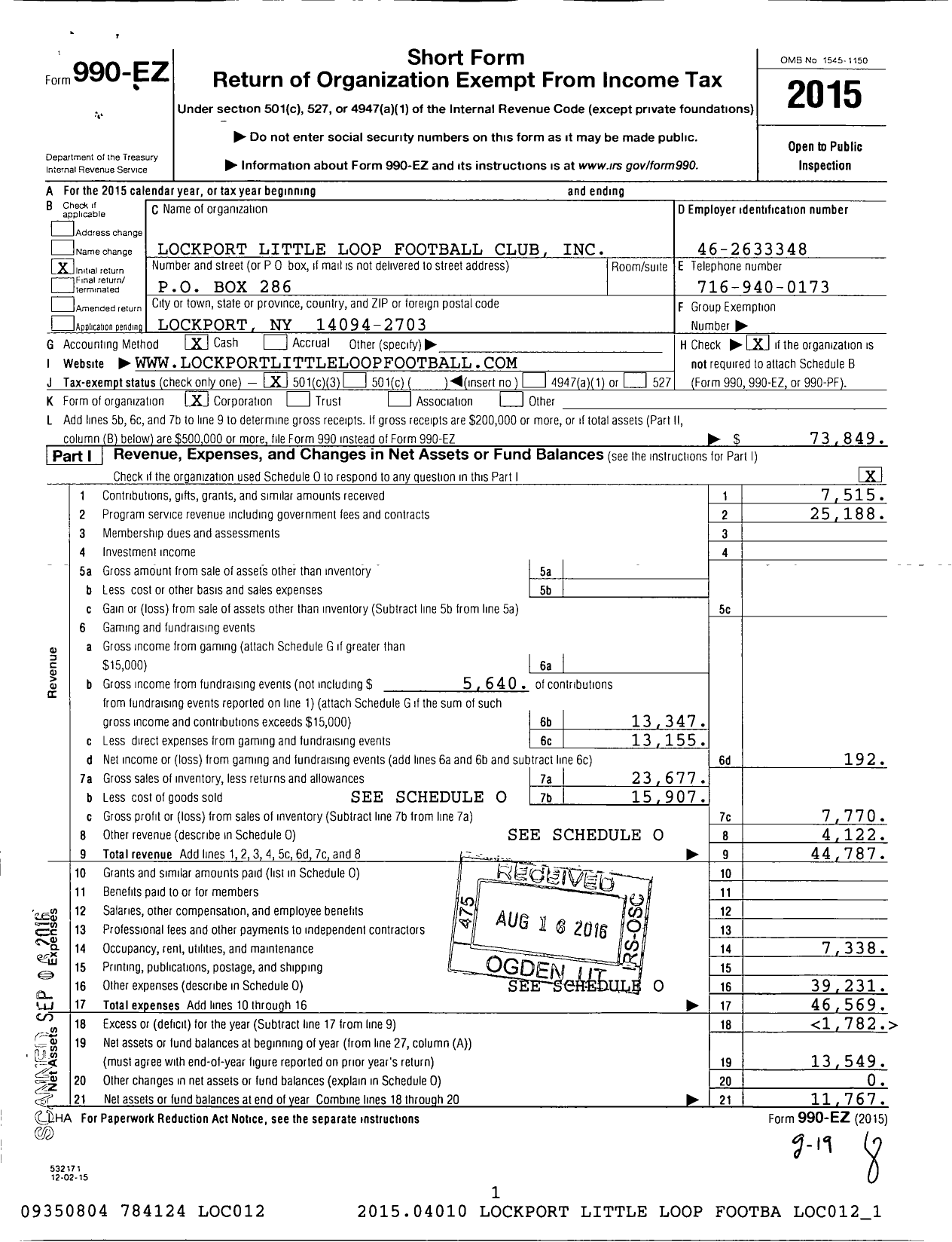 Image of first page of 2015 Form 990EZ for Lockport Little Loop Football Club