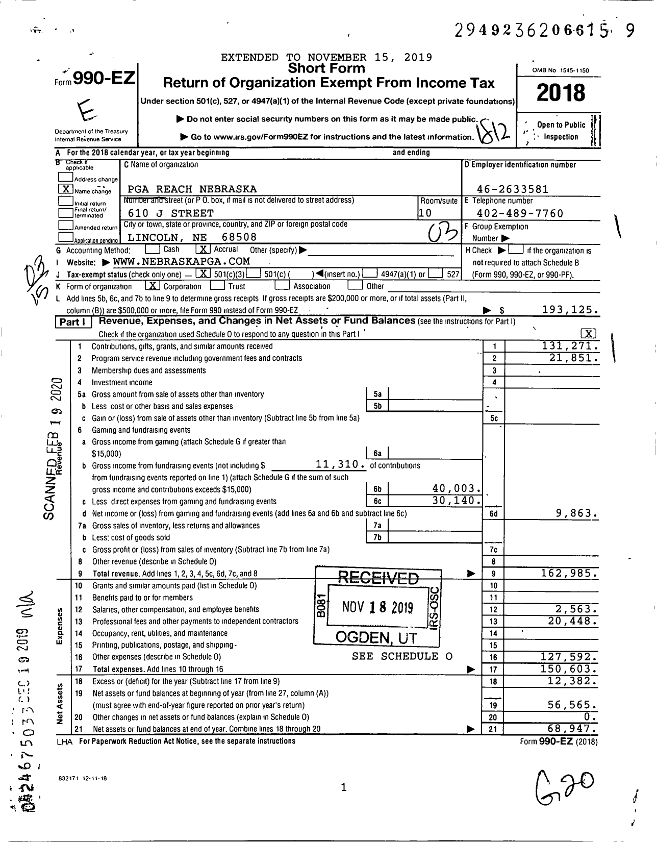 Image of first page of 2018 Form 990EZ for Nebraska Pga Foundation